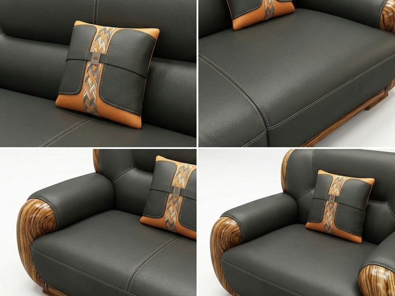 Cận cảnh bề mặt da bọc sofa màu xám đậm và gối tựa lưng nhỏ màu nâu cam với họa tiết trang trí độc đáo. Đường may tinh xảo…