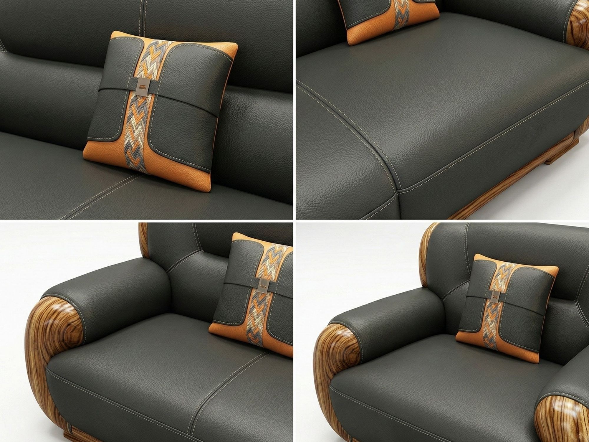 Cận cảnh bề mặt da bọc sofa màu xám đậm và gối tựa lưng nhỏ màu nâu cam với họa tiết trang trí độc đáo. Đường may tinh xảo…