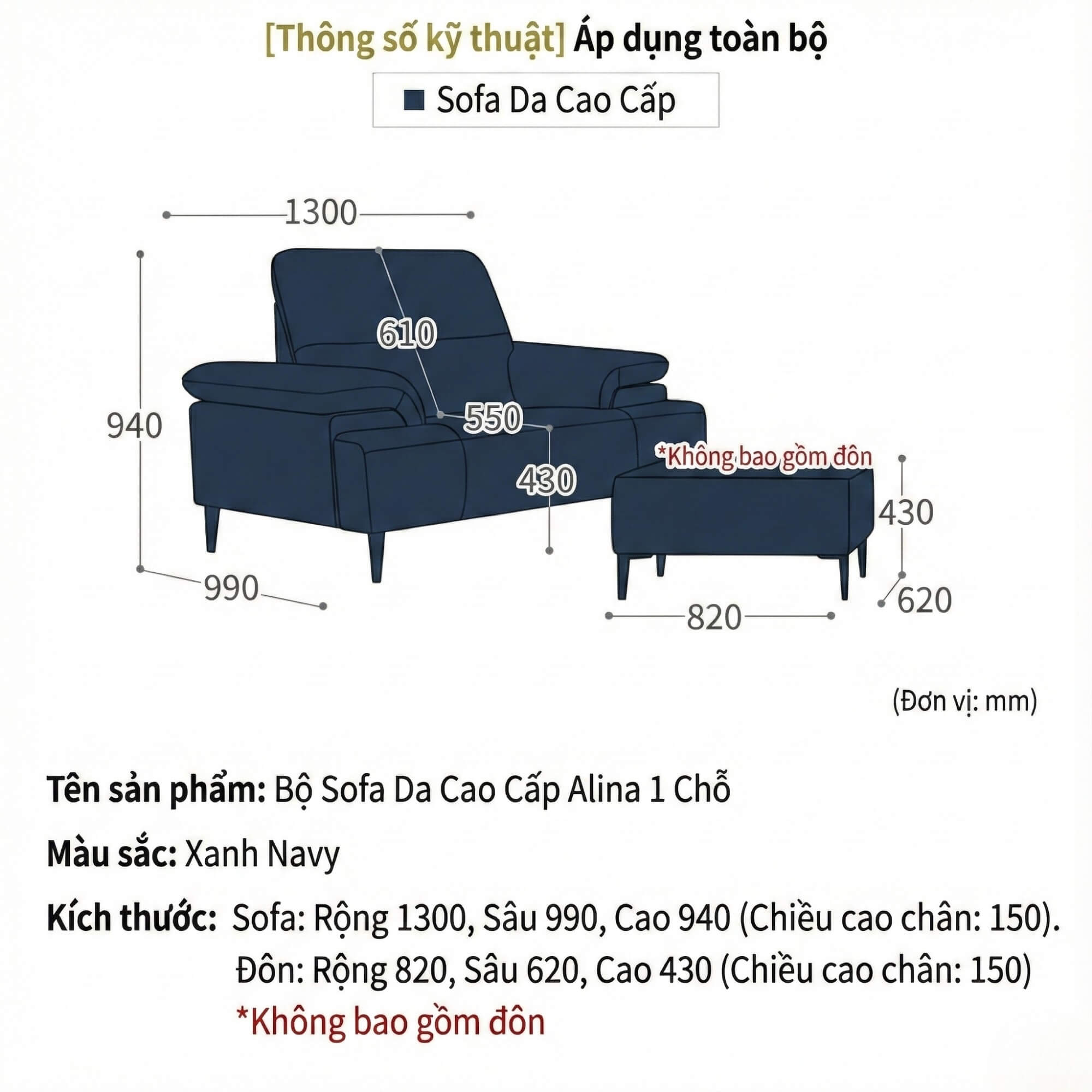 Sofa ALINA - Sofa Đơn Thư Giãn Bọc Da Cao Cấp Sang Trọng
