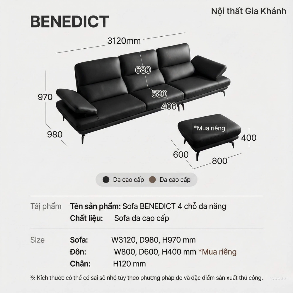 Sofa BENEDICT - Sofa Băng 4 Chỗ Bọc Da Với Tay Điều Chỉnh Thông Minh