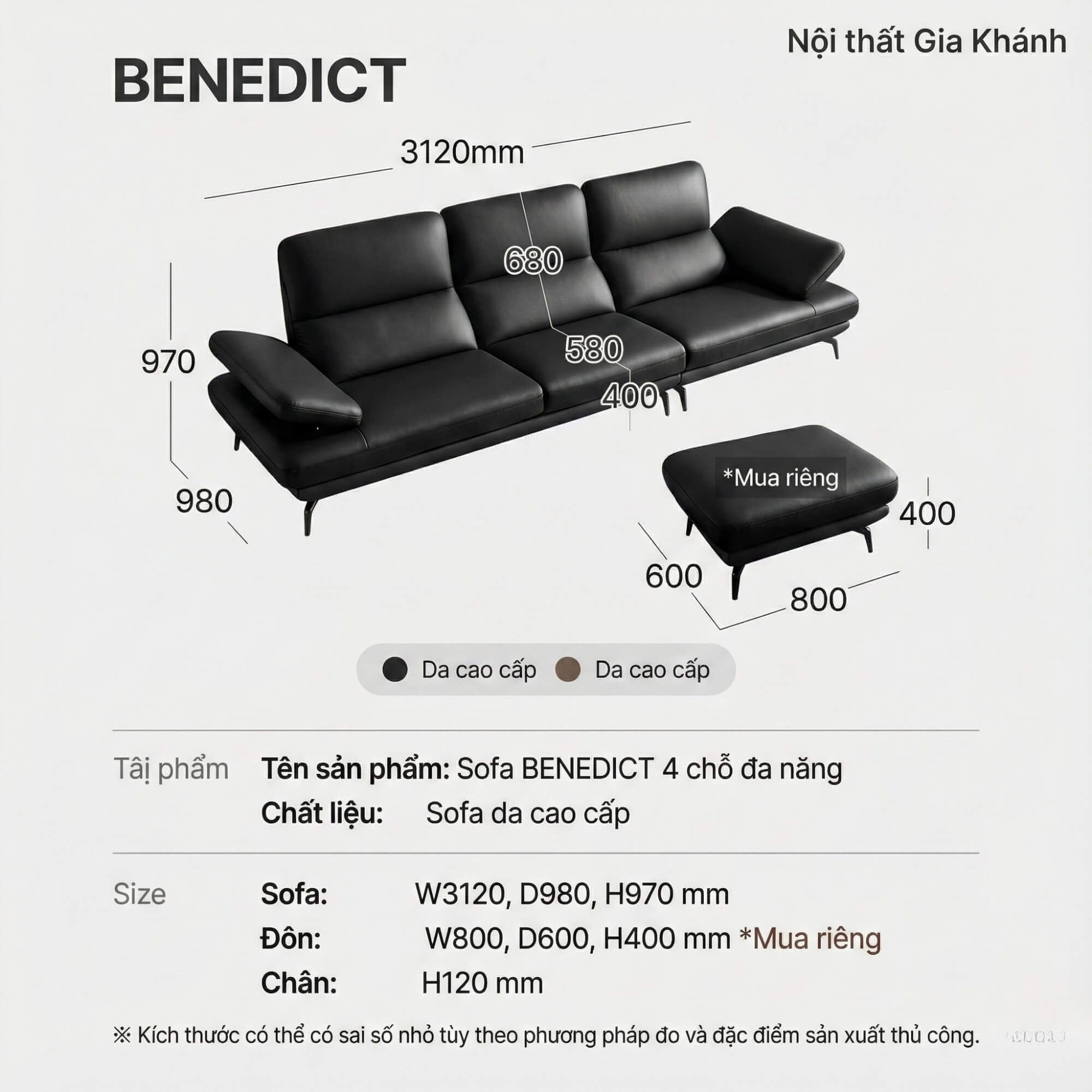 Sofa BENEDICT - Sofa Băng 4 Chỗ Bọc Da Với Tay Điều Chỉnh Thông Minh