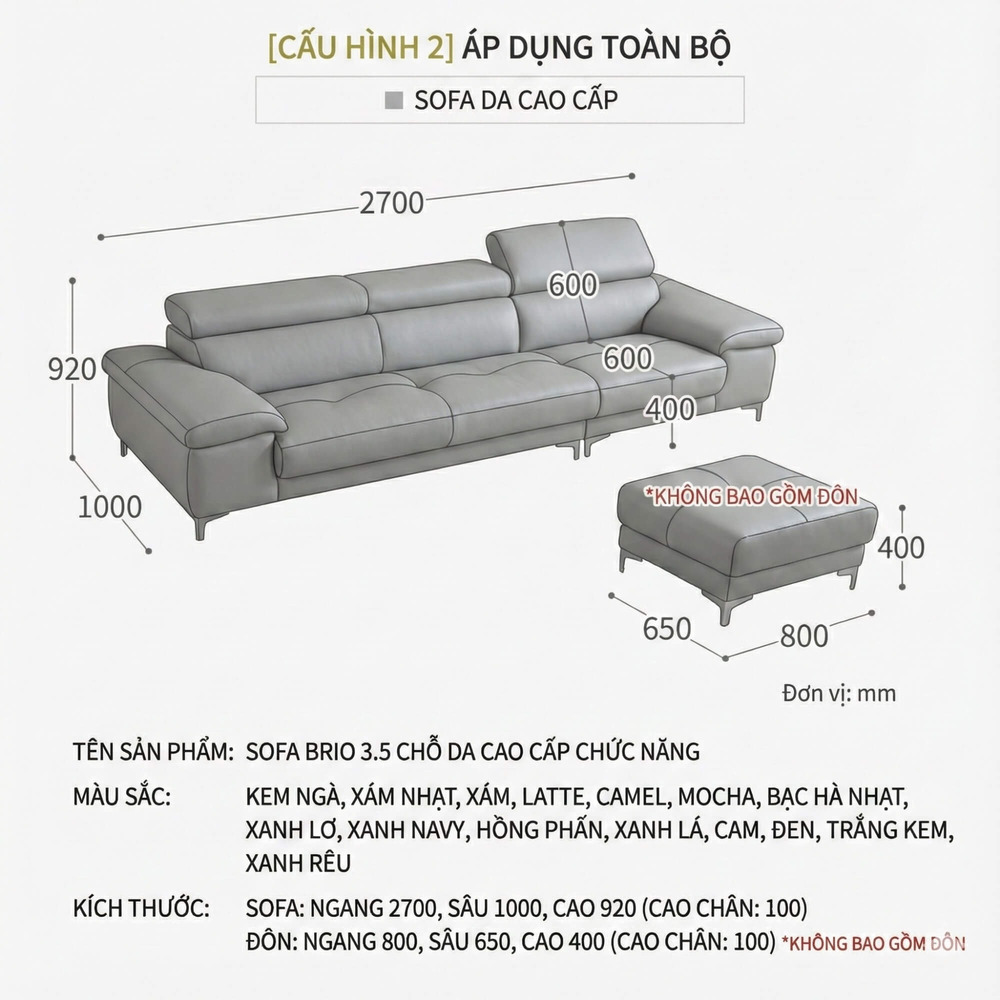 Sofa BRIO – Sofa Da Dáng Văng Hiện Đại Đa Chức Năng Tựa Đầu Điều Chỉnh