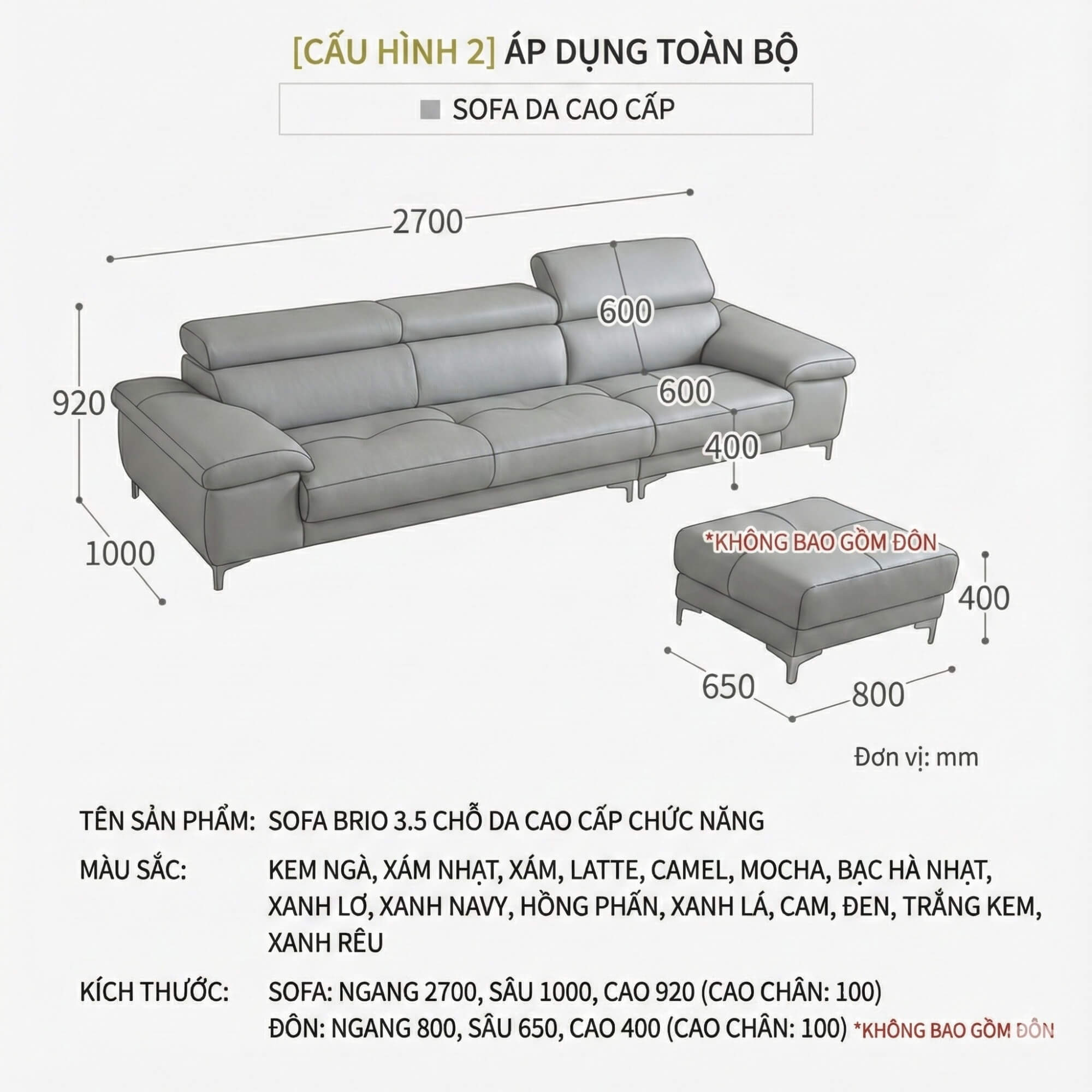 Sofa BRIO – Sofa Da Dáng Văng Hiện Đại Đa Chức Năng Tựa Đầu Điều Chỉnh