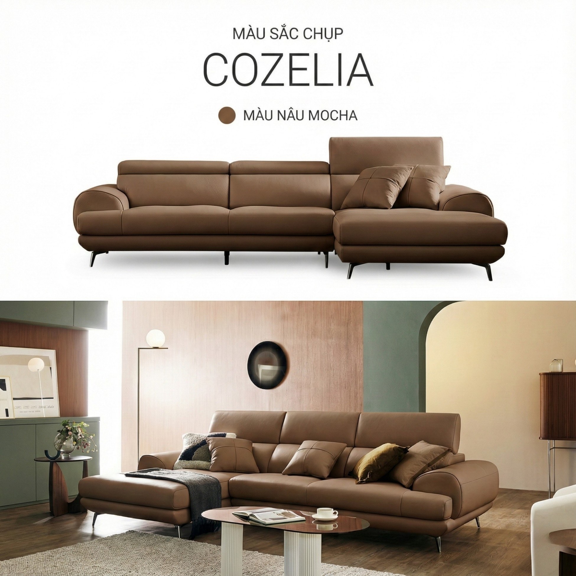 Sofa COZELIA - Sofa Góc Bọc Da Với Tựa Lưng Đa Năng Hiện Đại