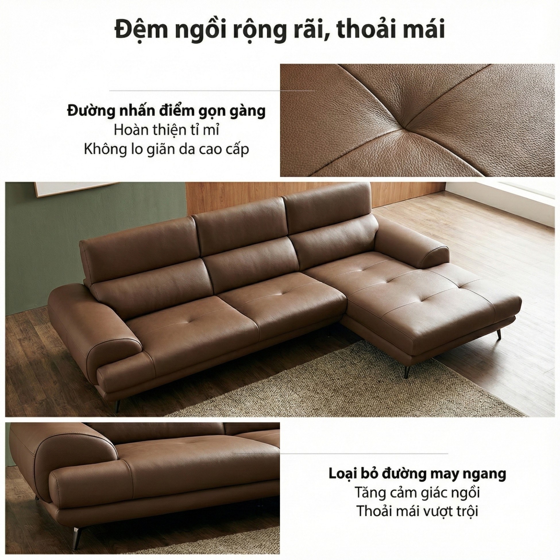 Sofa COZELIA - Sofa Góc Bọc Da Với Tựa Lưng Đa Năng Hiện Đại