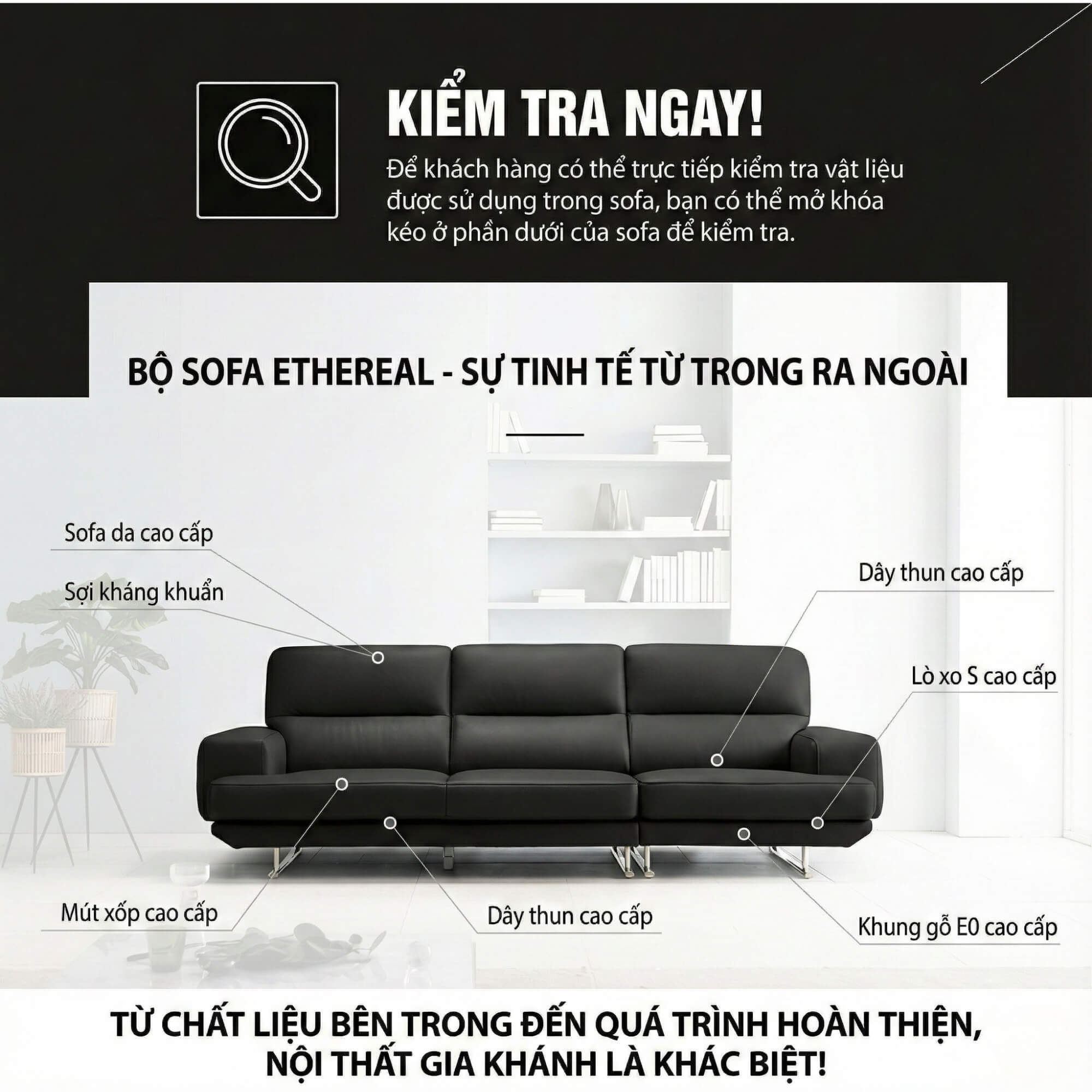 Sofa ETHEREAL - Sofa Băng Bọc Da Thiết kế Mạnh Mẽ, Sang Trọng