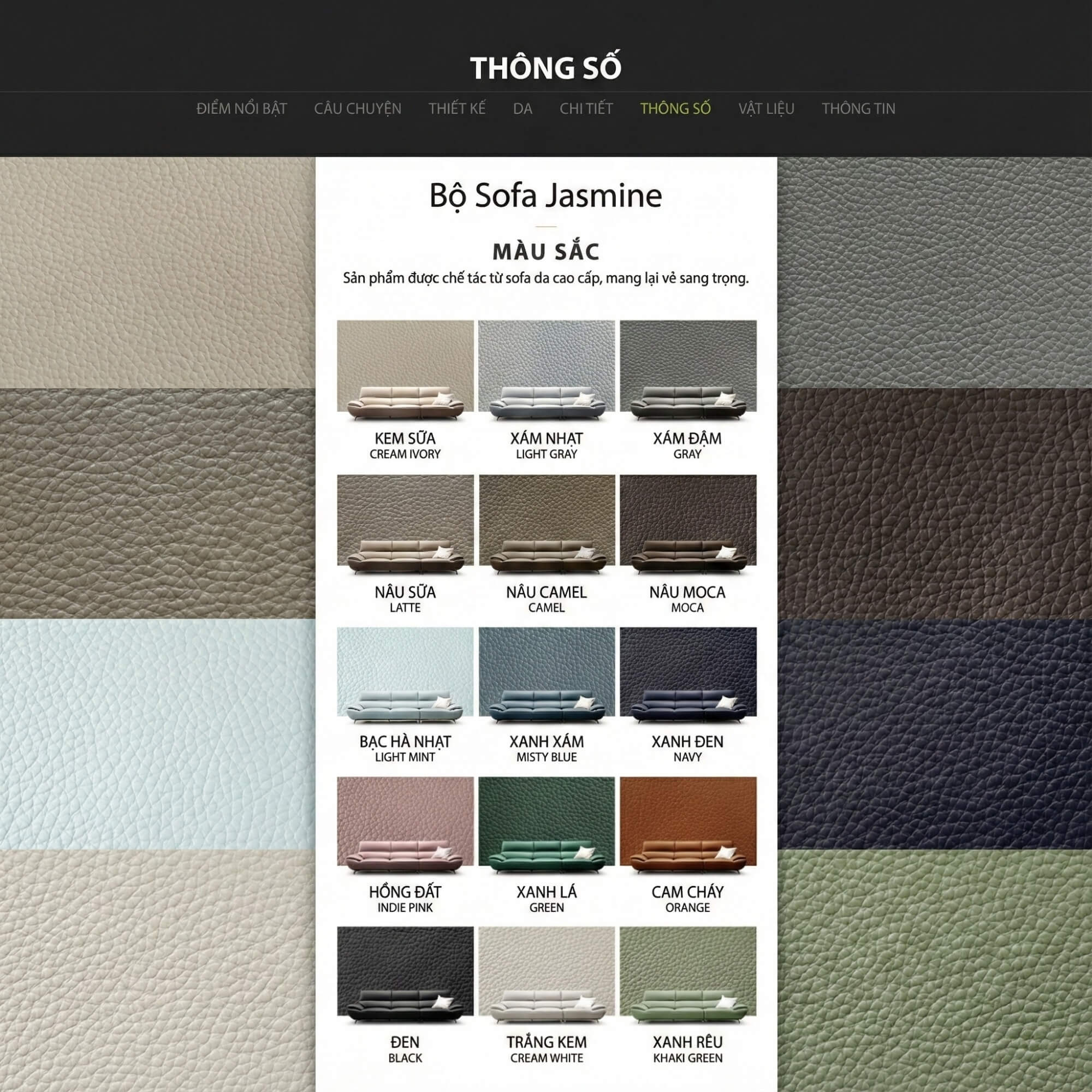 Sofa JASMINE - Sofa Da Phòng Khách Dáng Băng Dáng Thuyền Hoa Nở Rộ