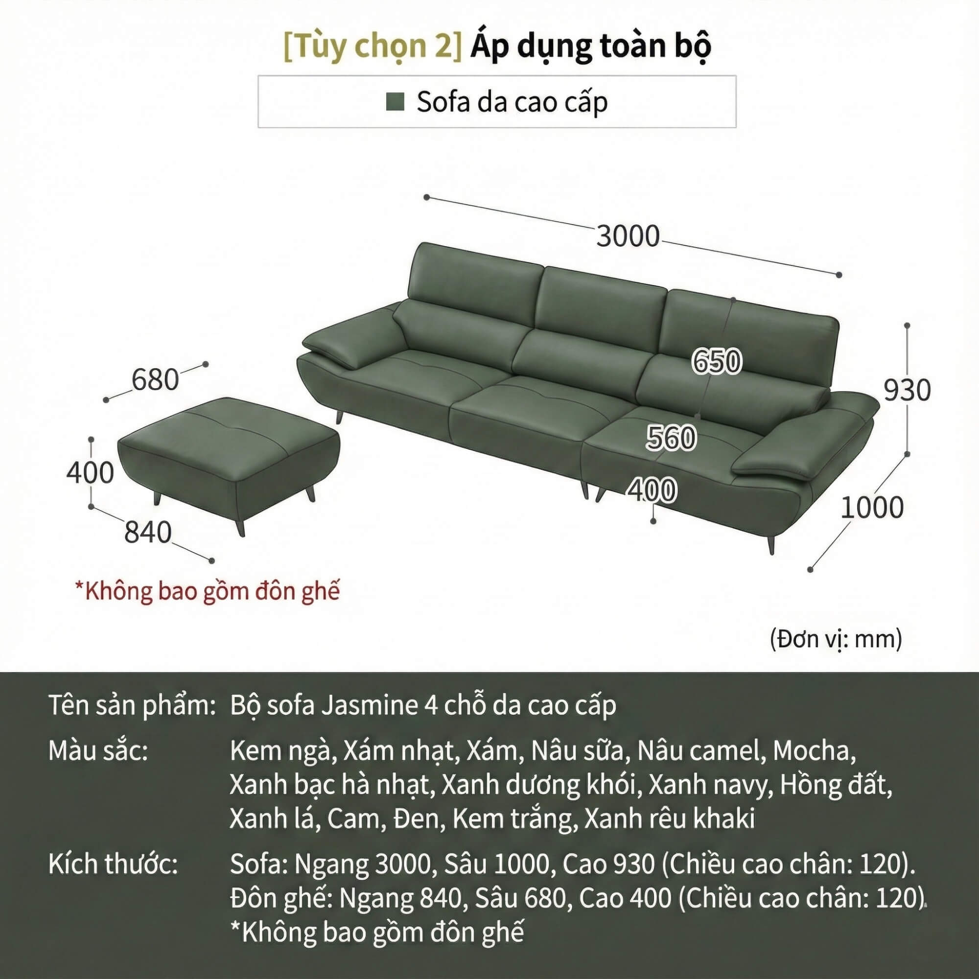 Sofa JASMINE - Sofa Da Phòng Khách Dáng Băng Dáng Thuyền Hoa Nở Rộ