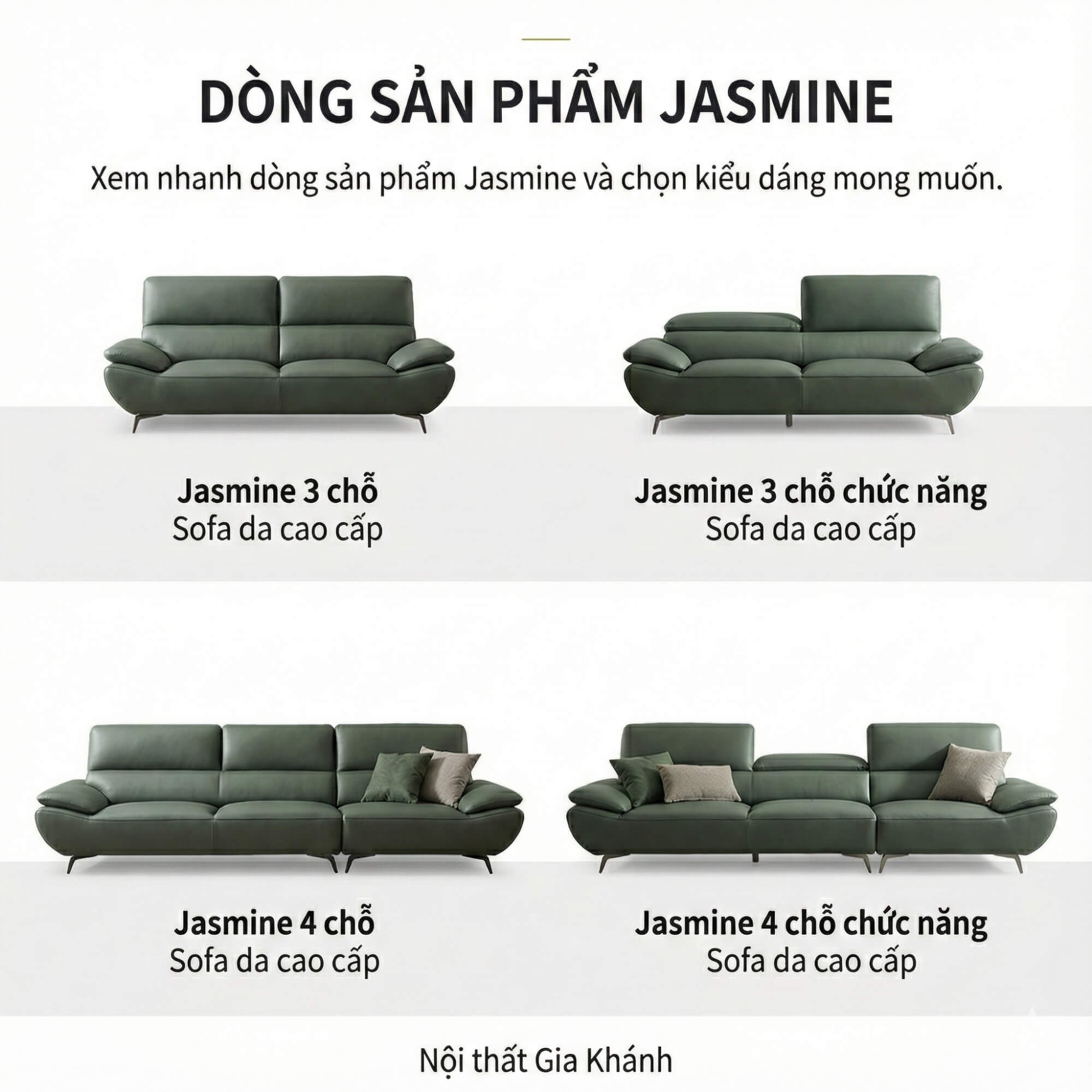 Sofa JASMINE - Sofa Da Phòng Khách Dáng Băng Dáng Thuyền Hoa Nở Rộ