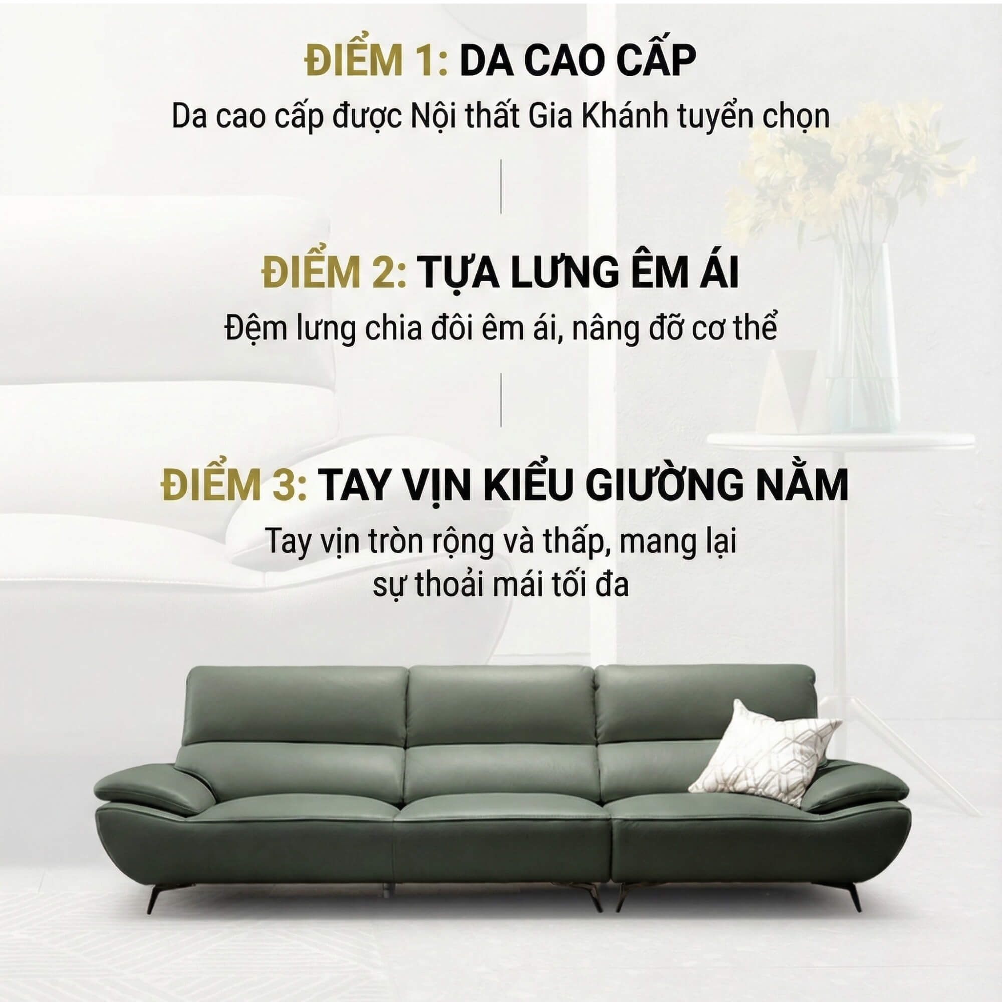 Sofa JASMINE - Sofa Da Phòng Khách Dáng Băng Dáng Thuyền Hoa Nở Rộ