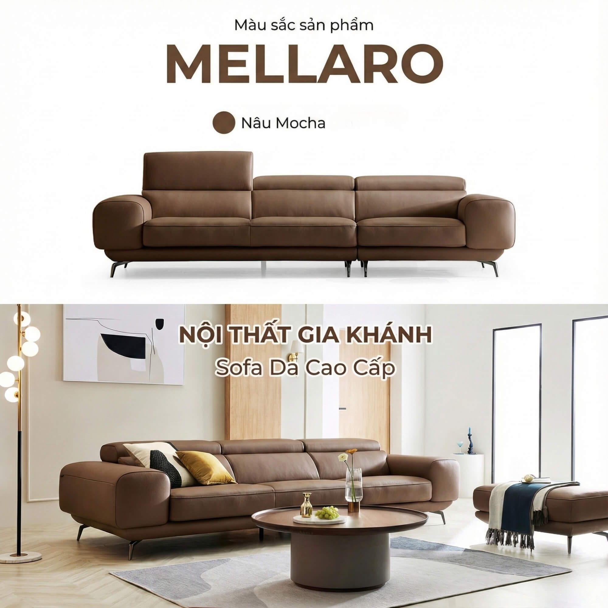 Sofa MELLARO - Sofa Da Dáng Băng 3 Chỗ Tựa Đầu Thông Minh Sang Trọng