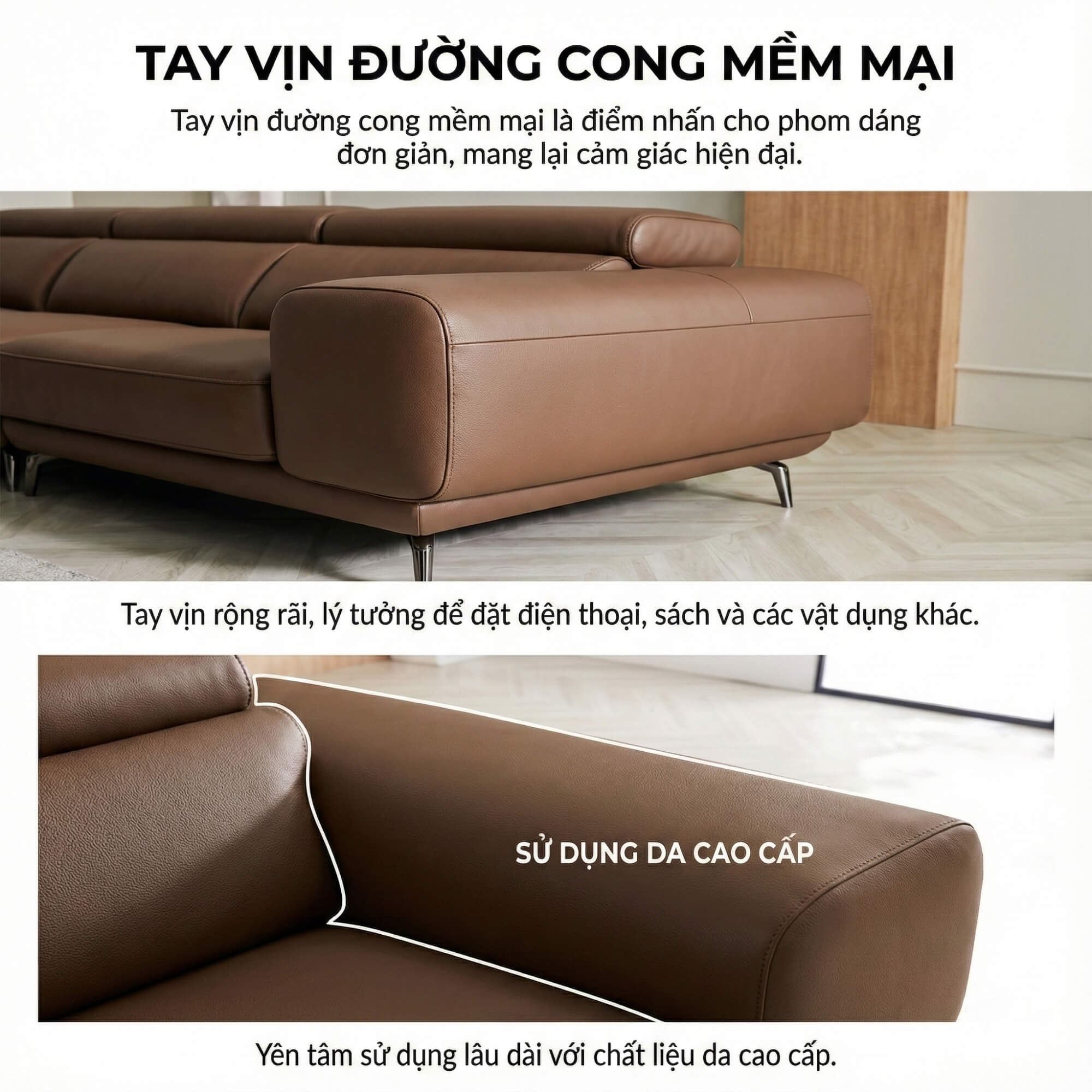 Sofa MELLARO - Sofa Da Dáng Băng 3 Chỗ Tựa Đầu Thông Minh Sang Trọng