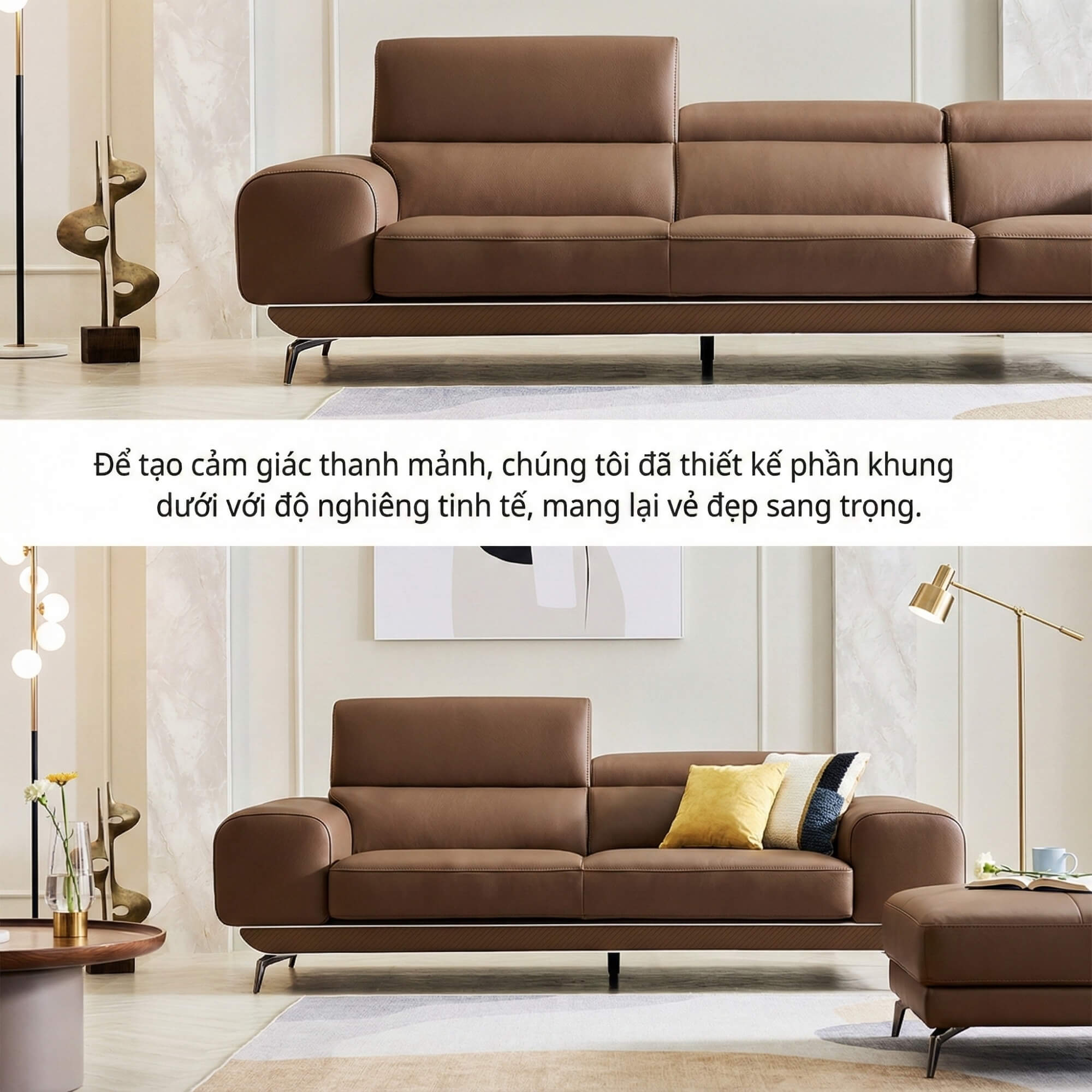 Sofa MELLARO - Sofa Da Dáng Băng 3 Chỗ Tựa Đầu Thông Minh Sang Trọng