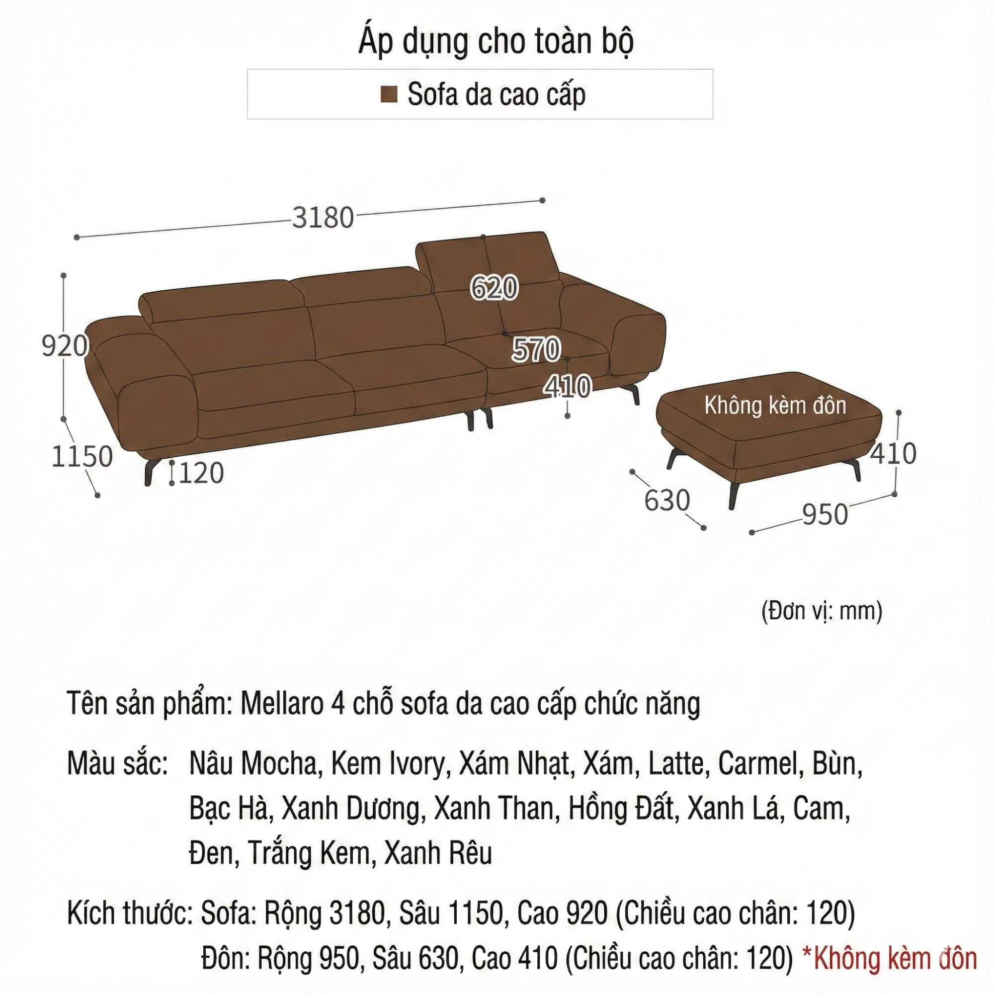 Sofa MELLARO - Sofa Da Dáng Băng 3 Chỗ Tựa Đầu Thông Minh Sang Trọng