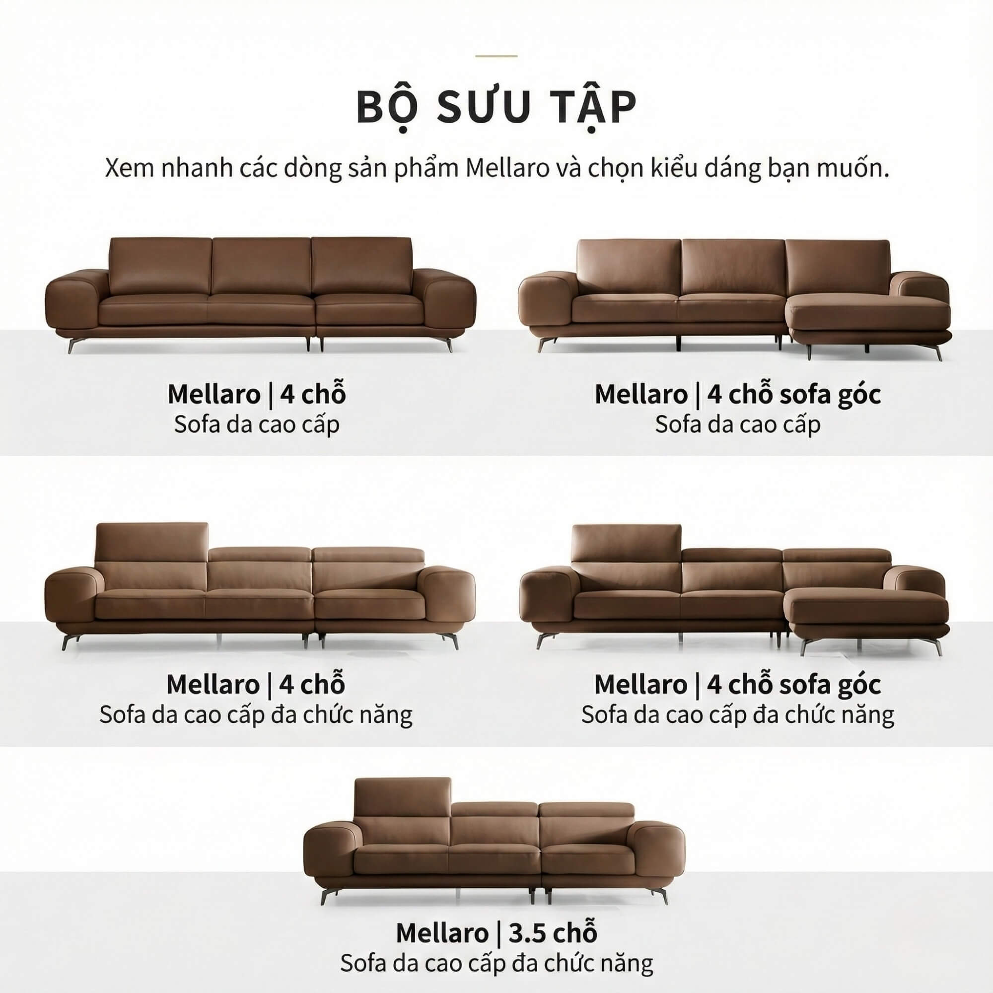 Sofa MELLARO - Sofa Da Dáng Băng 3 Chỗ Tựa Đầu Thông Minh Sang Trọng