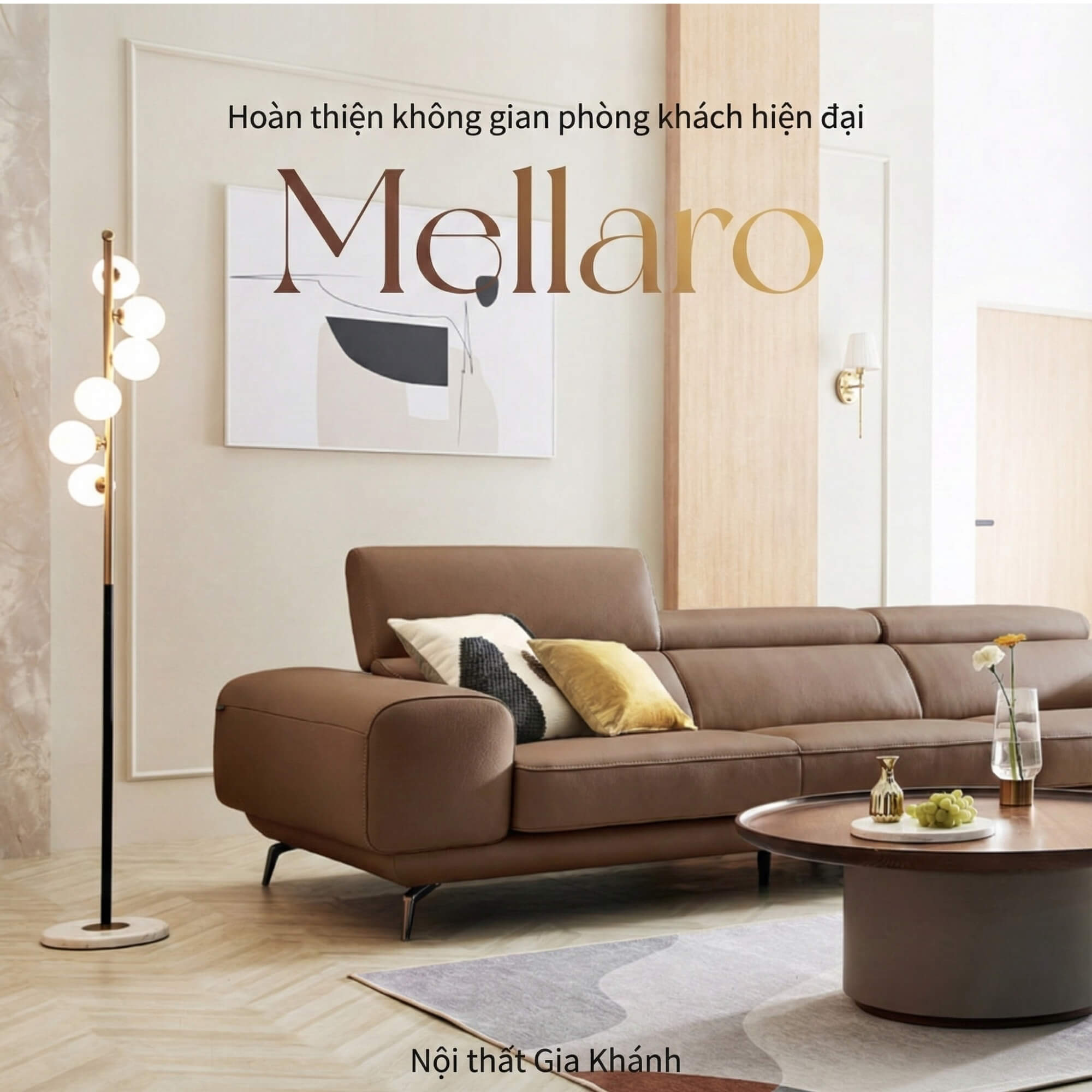 Sofa MELLARO - Sofa Da Dáng Băng 3 Chỗ Tựa Đầu Thông Minh Sang Trọng