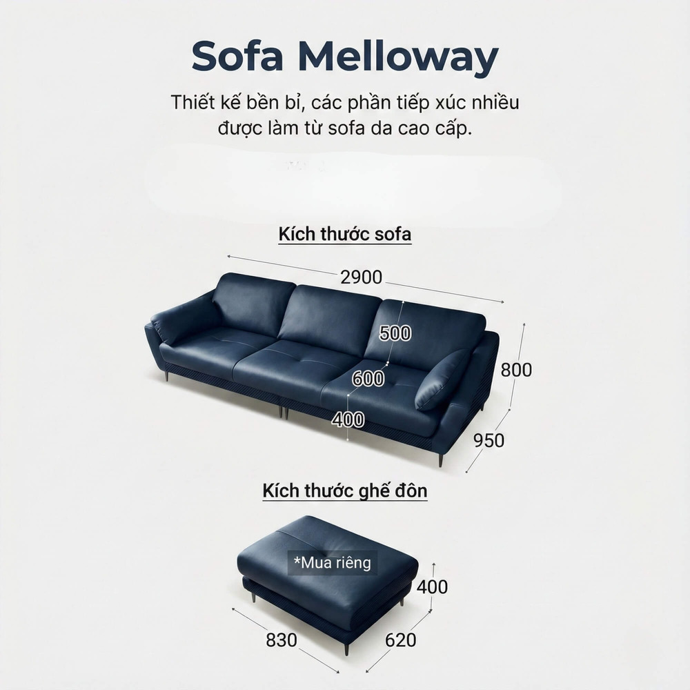 Sofa MELLOWAY - Sofa Băng Bọc Da Sang Trọng Cho Phòng Khách Hiện Đại