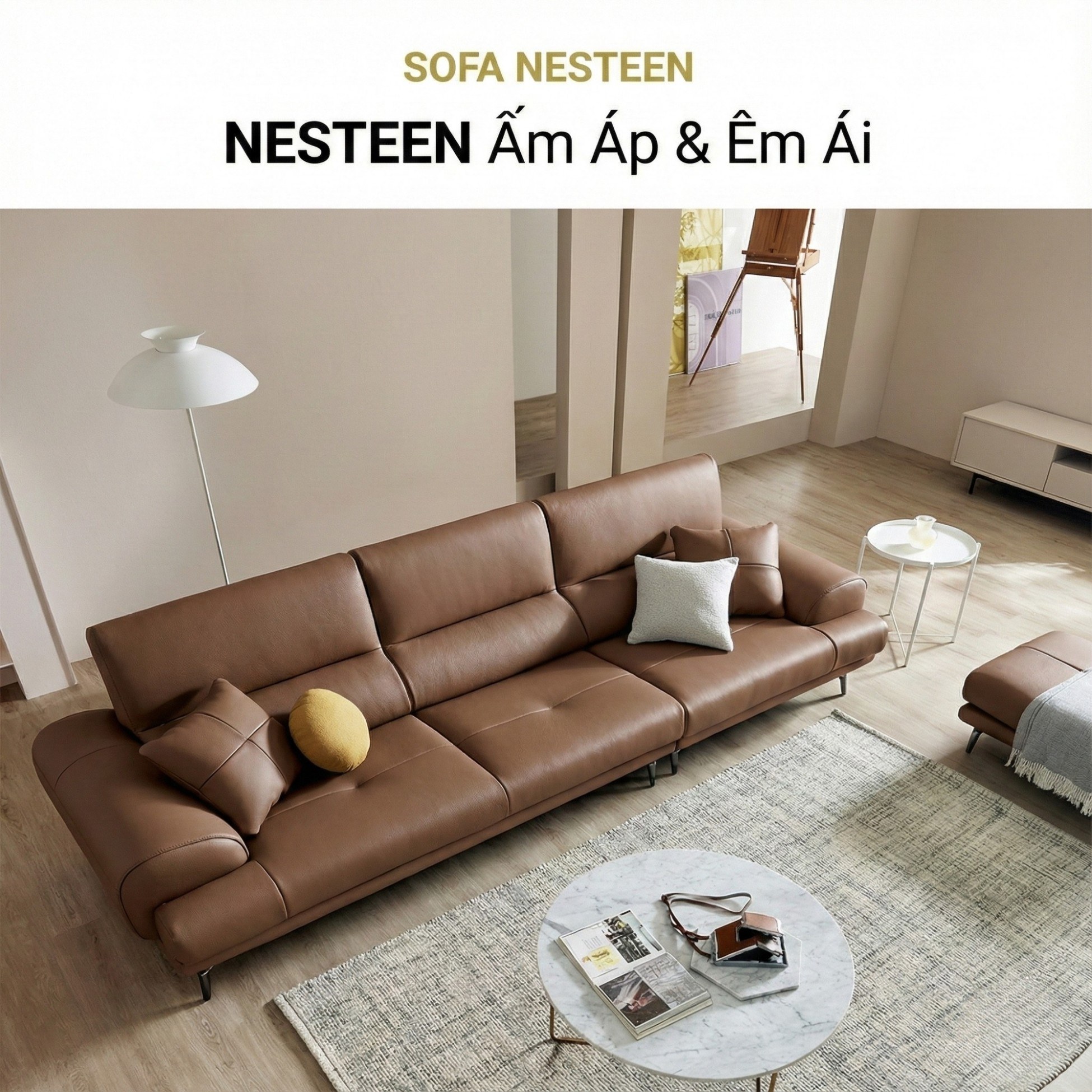 Sofa NESTEEN - Sofa Hiện Đại Bọc Da Cao Cấp Thiết Kế Tay Tròn Độc Đáo 