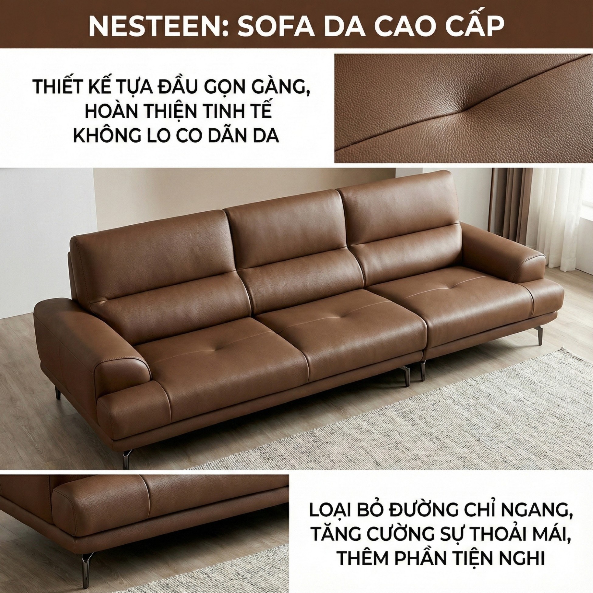 Sofa NESTEEN - Sofa Hiện Đại Bọc Da Cao Cấp Thiết Kế Tay Tròn Độc Đáo 