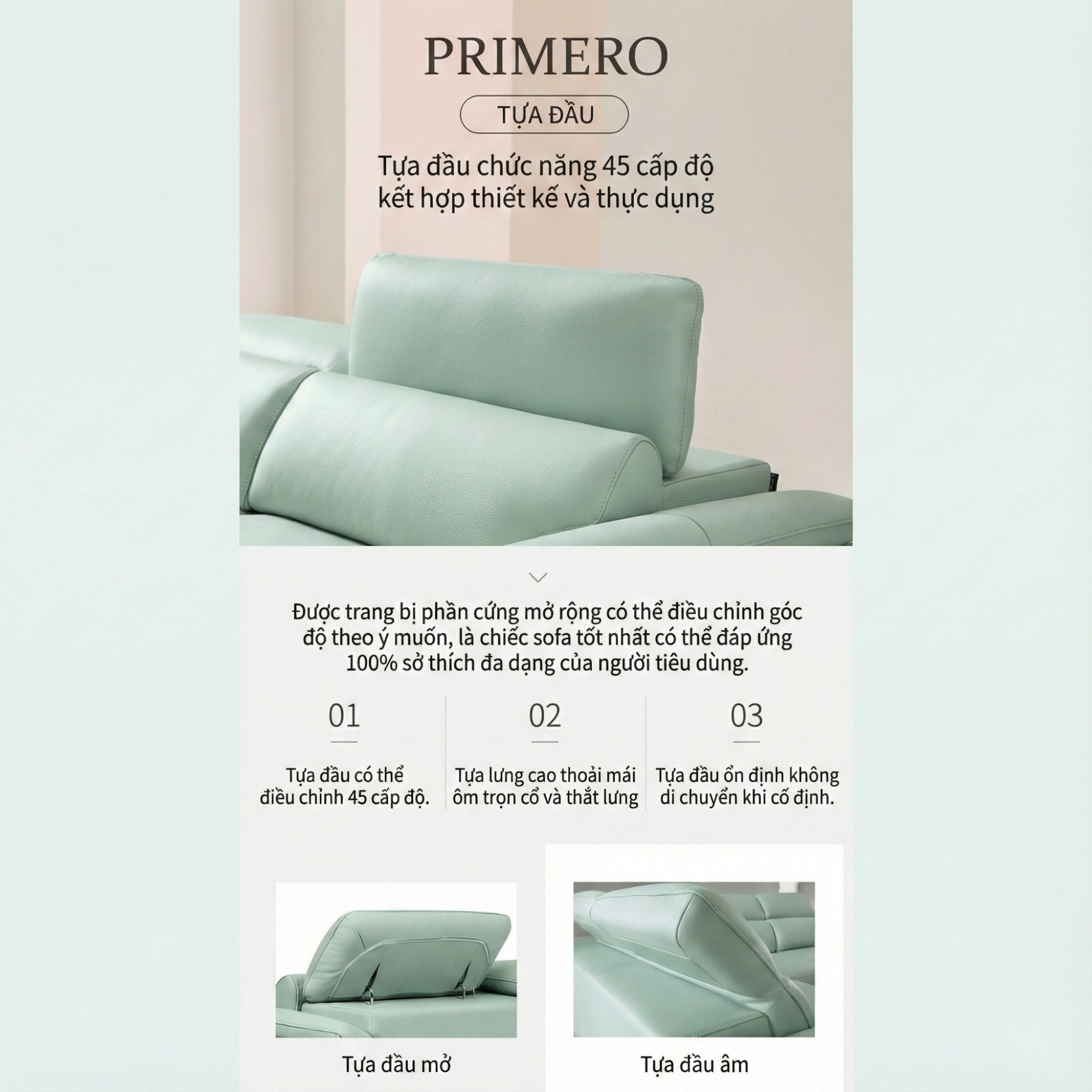 Sofa PRIMERO – Sofa Da Cao Cấp Chữ L Hiện Đại Tựa Đầu Điều Chỉnh 