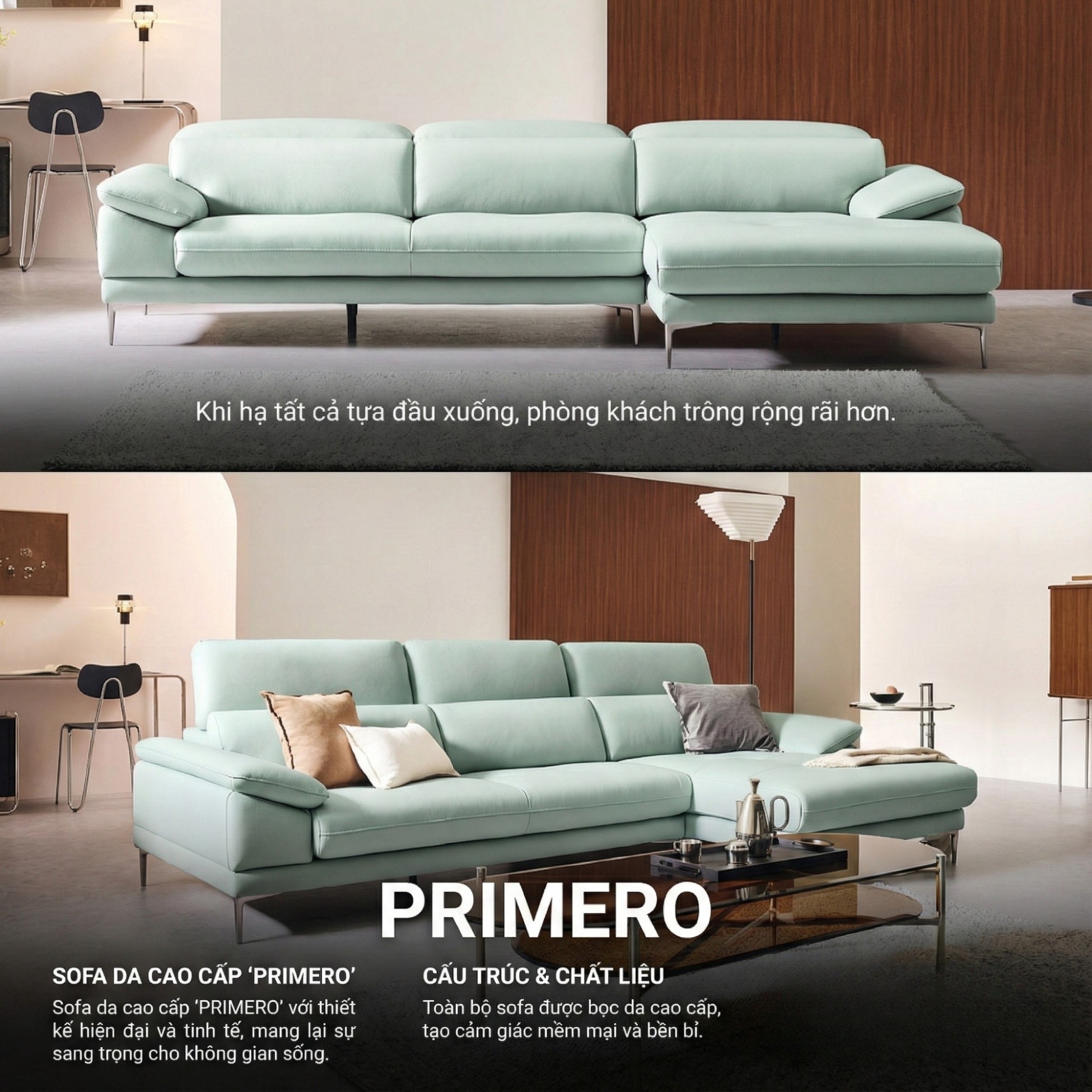 Sofa PRIMERO – Sofa Da Cao Cấp Chữ L Hiện Đại Tựa Đầu Điều Chỉnh 