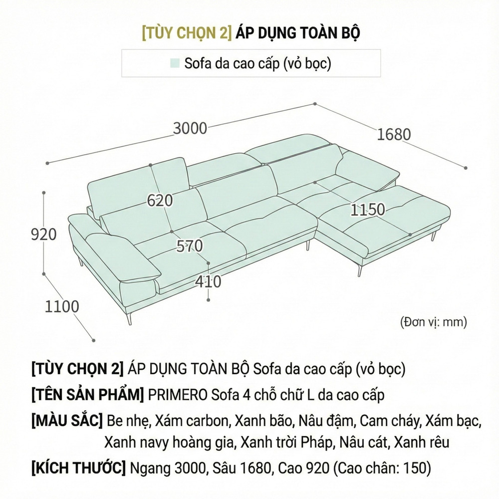 Sofa PRIMERO – Sofa Da Cao Cấp Chữ L Hiện Đại Tựa Đầu Điều Chỉnh
