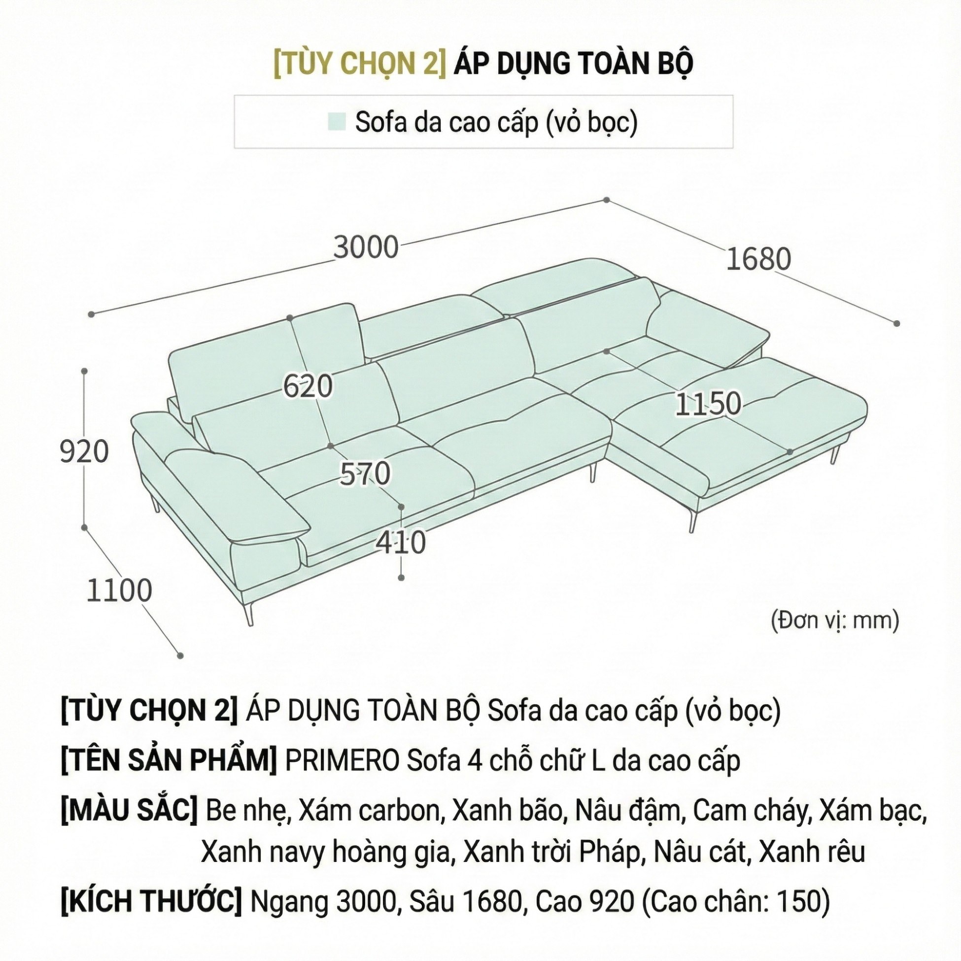 Sofa PRIMERO – Sofa Da Cao Cấp Chữ L Hiện Đại Tựa Đầu Điều Chỉnh 