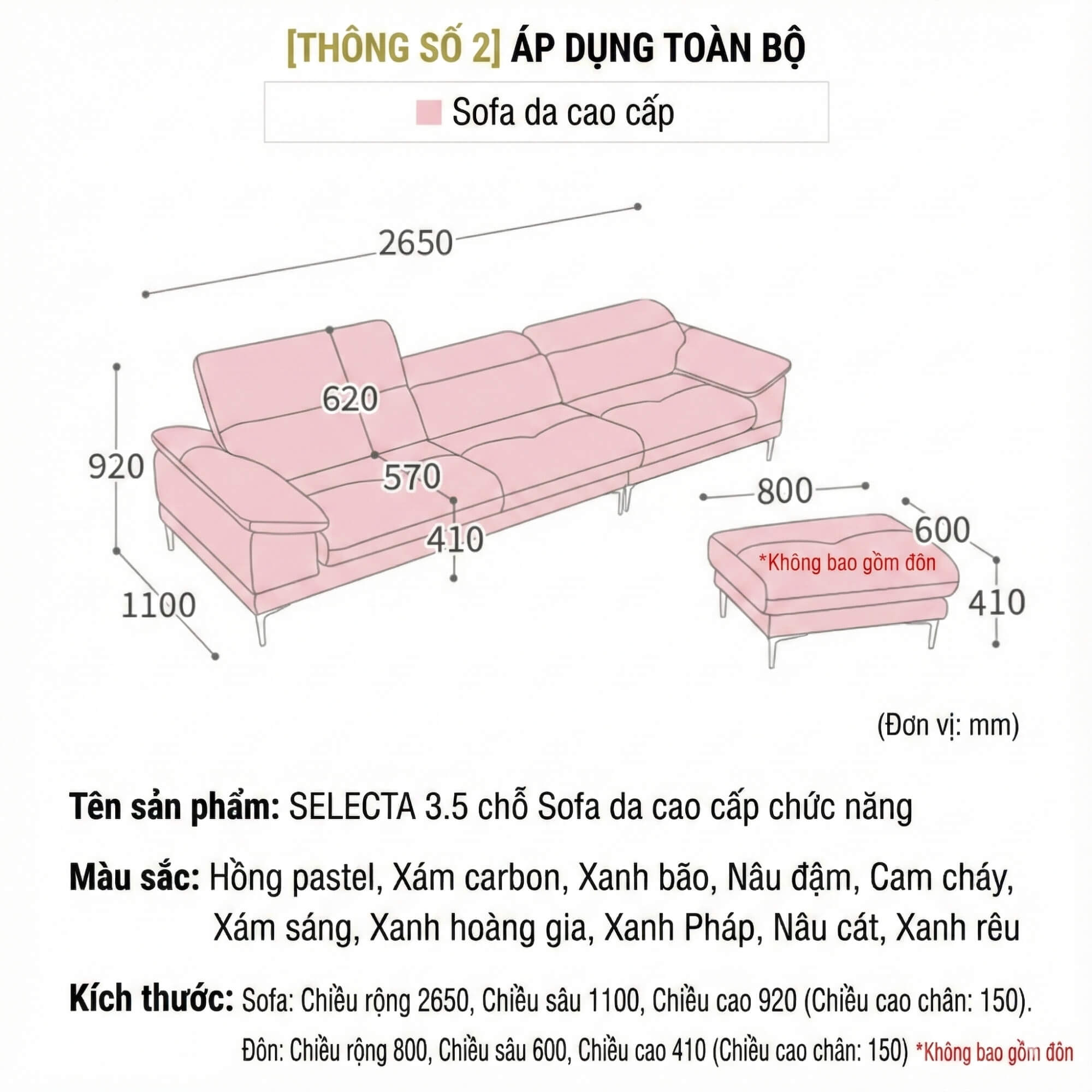 Sofa SELECTA - Sofa Da Cao Cấp Hiện Đại Có Tựa Đầu Điều Chỉnh Thông Minh 