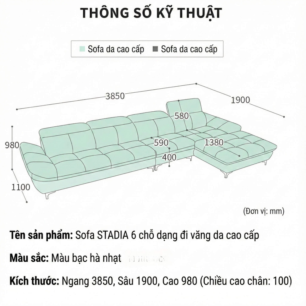 Sofa STADIA - Sofa Góc Bọc Da Thiết Kế Tựa Đầu Thông Minh