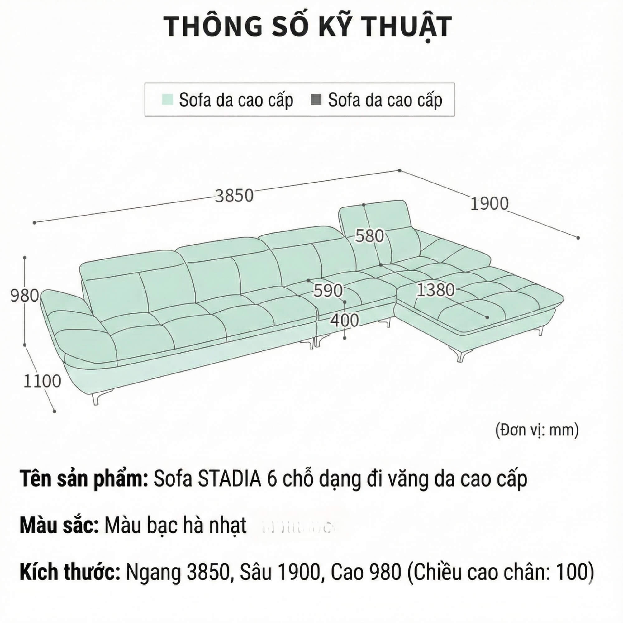 Sofa STADIA - Sofa Góc Bọc Da Thiết Kế Tựa Đầu Thông Minh