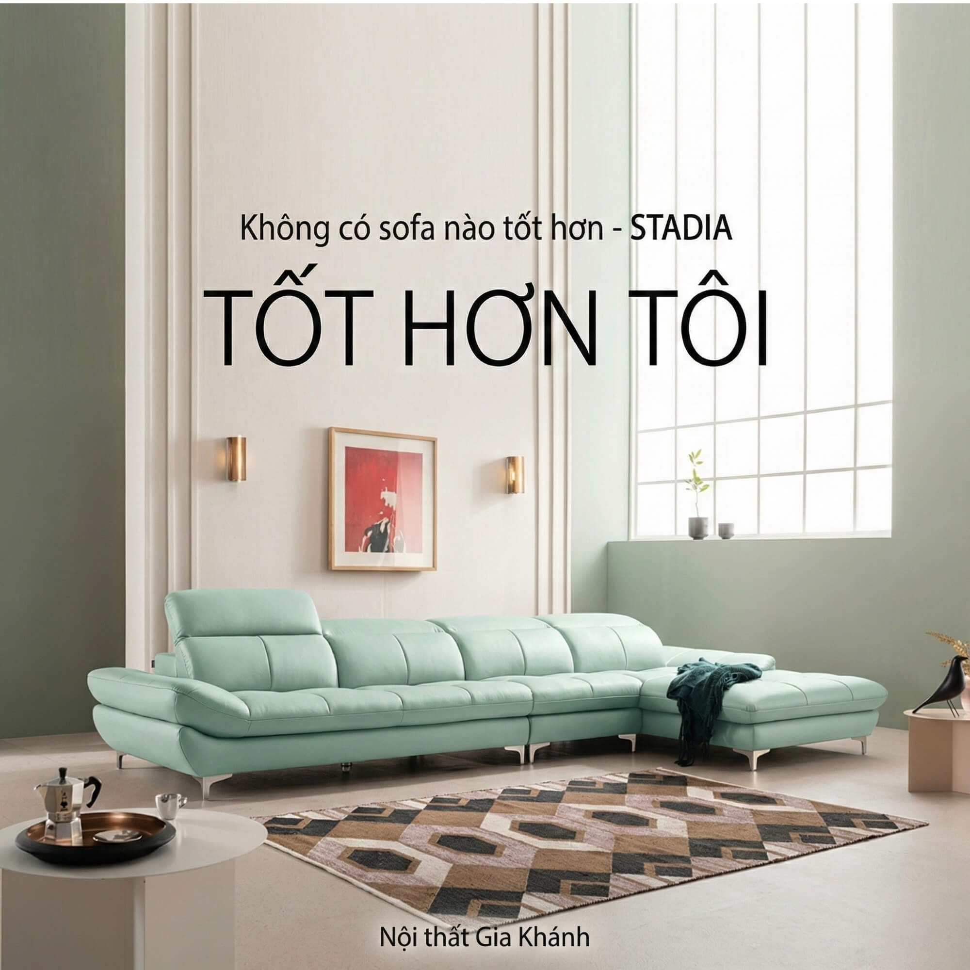 Sofa góc STADIA màu bạc hà nhạt được đặt trong không gian phòng khách hiện đại, với thảm trải sàn họa tiết và bàn trà. Góc…