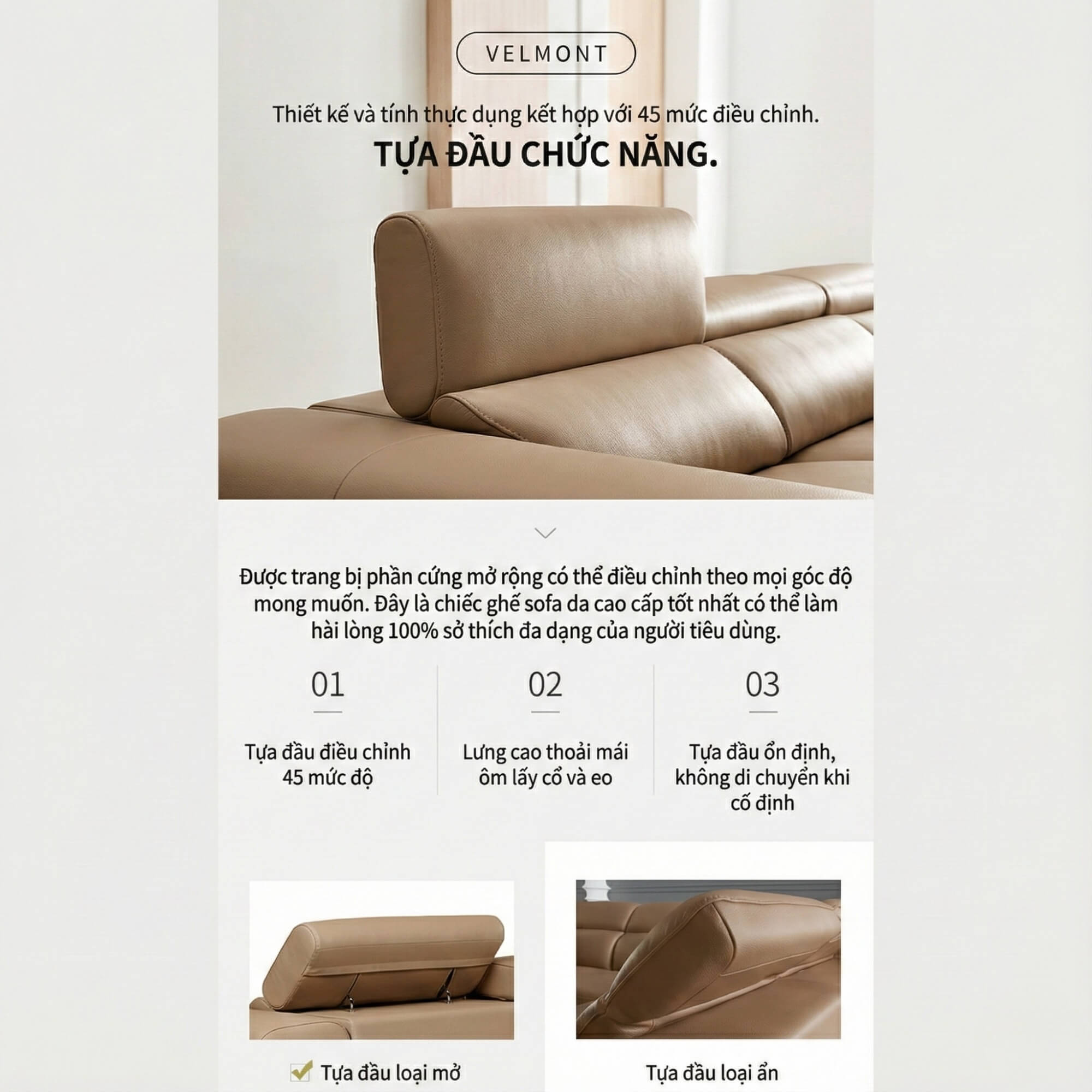 Sofa VERMONT - Sofa Băng Ấm Áp Thư Giãn Với Tựa Đầu Thông Minh
