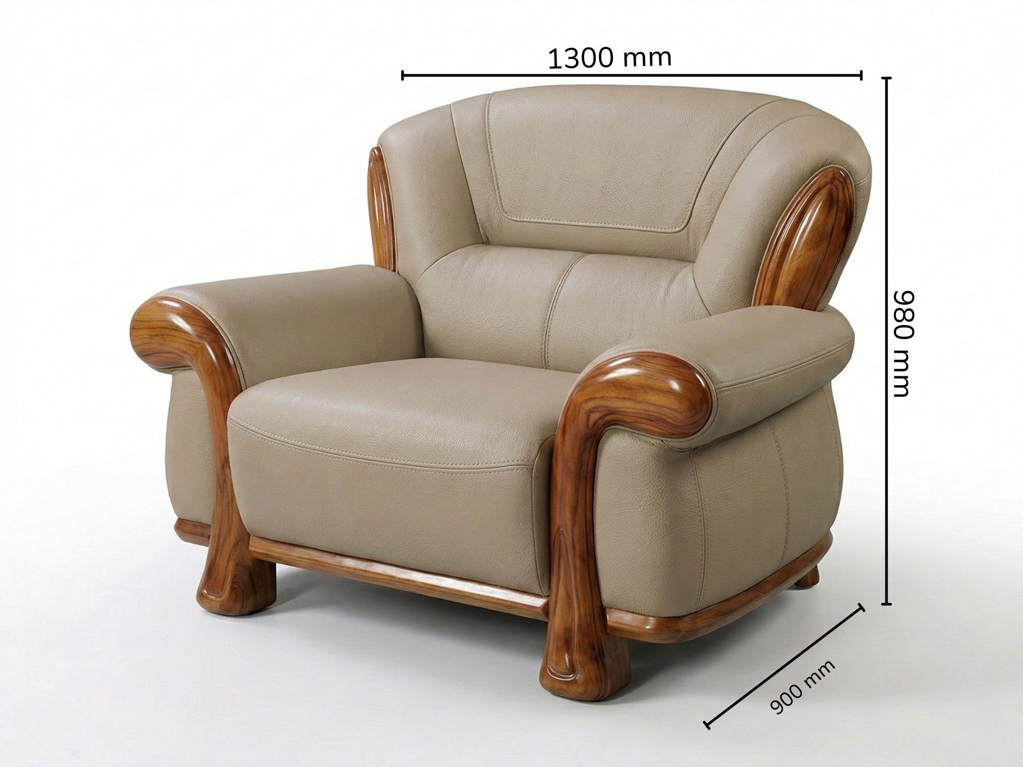 Ghế sofa đơn (băng 1) màu be, kiểu dáng hiện đại với tay vịn gỗ Mun tự nhiên uốn cong, được chụp chính diện và có chú thíc…