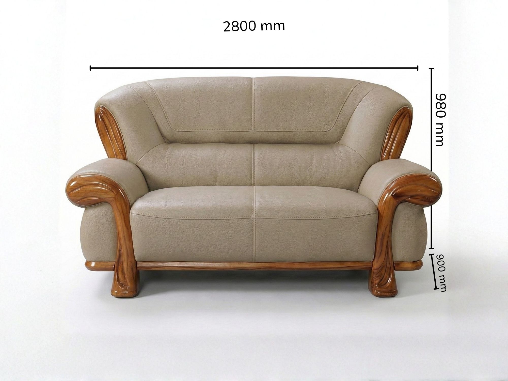 Ghế sofa băng dài màu be, khung gỗ Mun tự nhiên, thiết kế hiện đại, được chụp chính diện với chú thích kích thước L2800*W9…