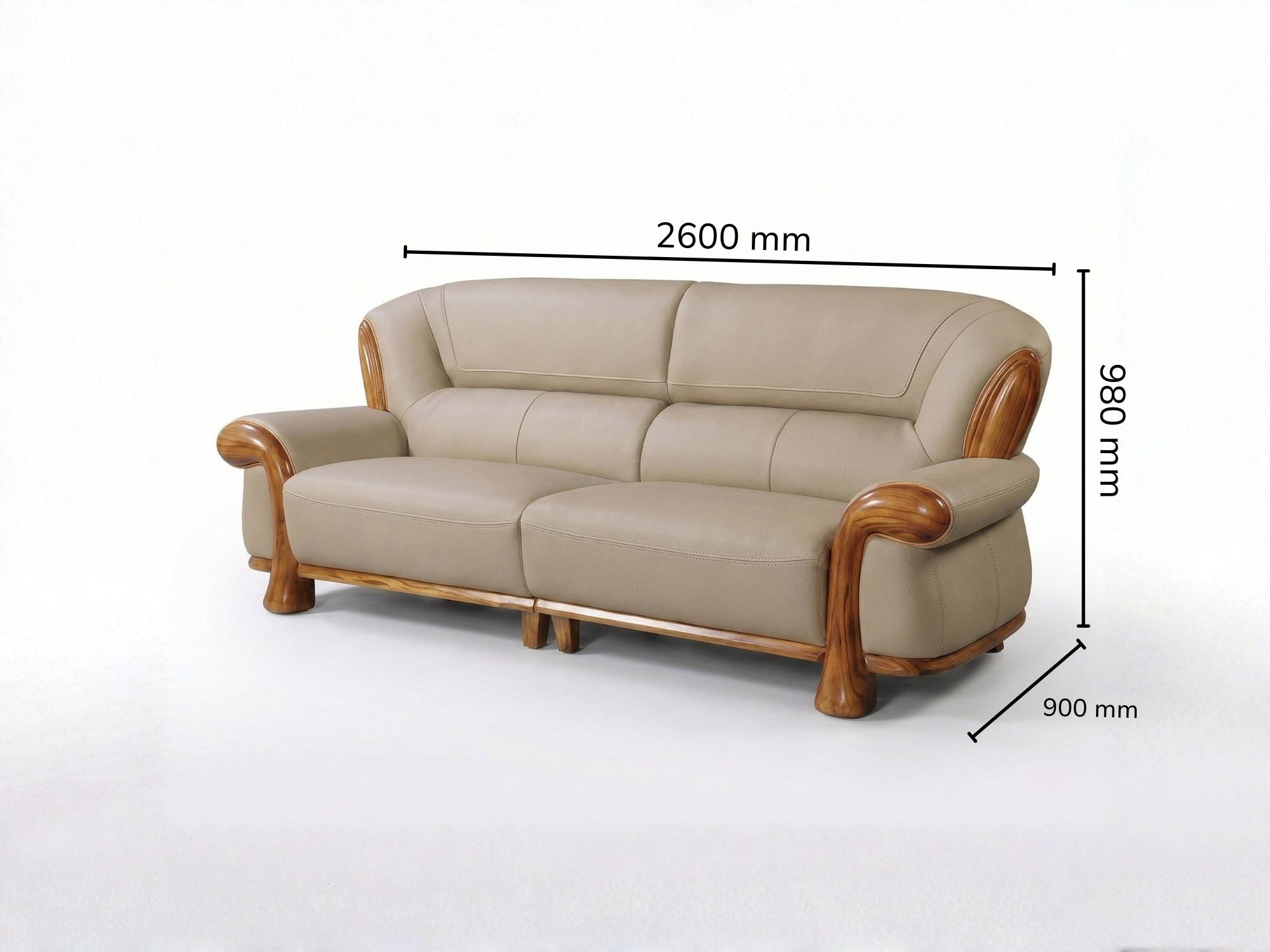 Ghế sofa băng dài màu be, khung gỗ Mun tự nhiên, kiểu dáng hiện đại, được chụp chính diện với chú thích kích thước L2600*W…