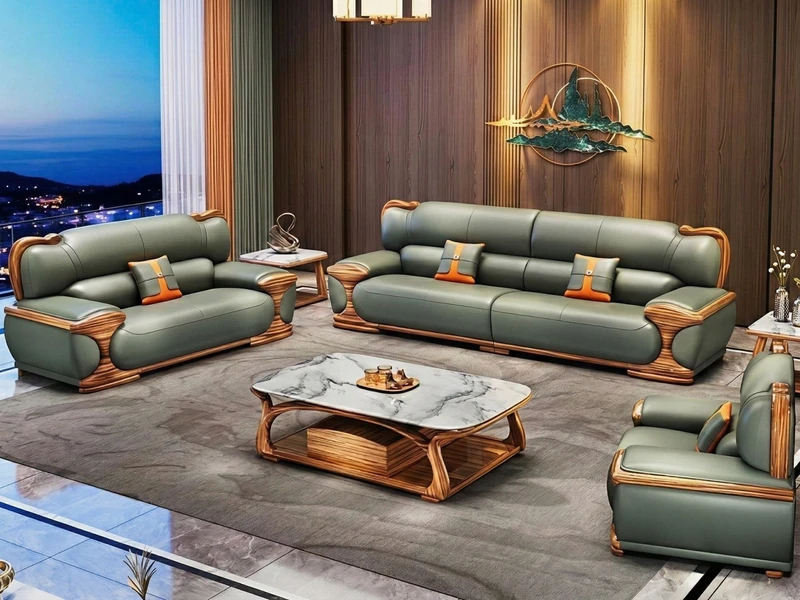 Bộ sofa gỗ mun SBW506-124 màu xanh rêu bọc da bò tự nhiên, với khung gỗ mun tự nhiên và tay vịn uốn lượn vân gỗ nổi bật, đ…