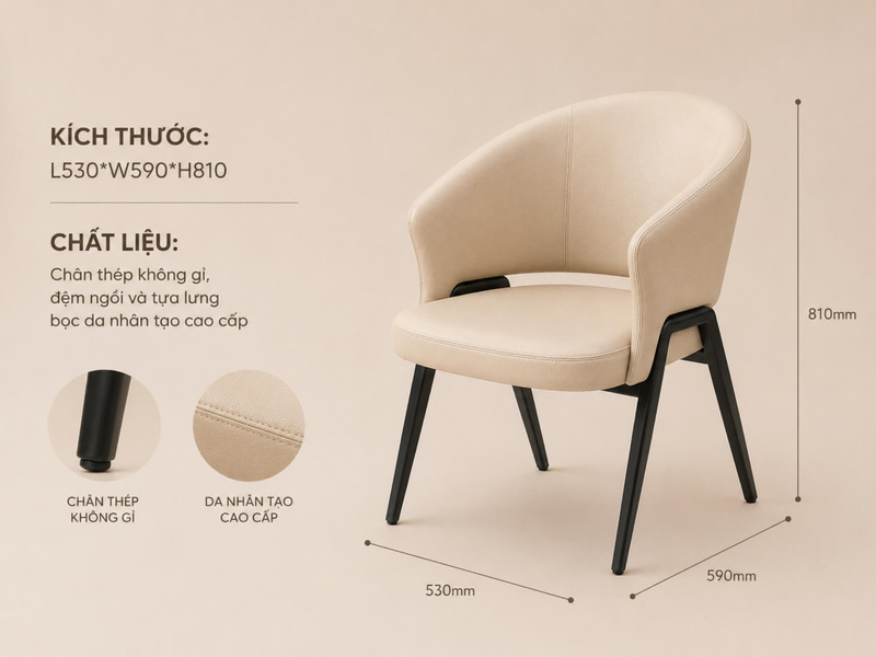 Hình ảnh minh họa chi tiết kích thước của ghế ăn Averra GASJ-851 màu kem, với các thông số chiều dài 530mm, chiều rộng 590…