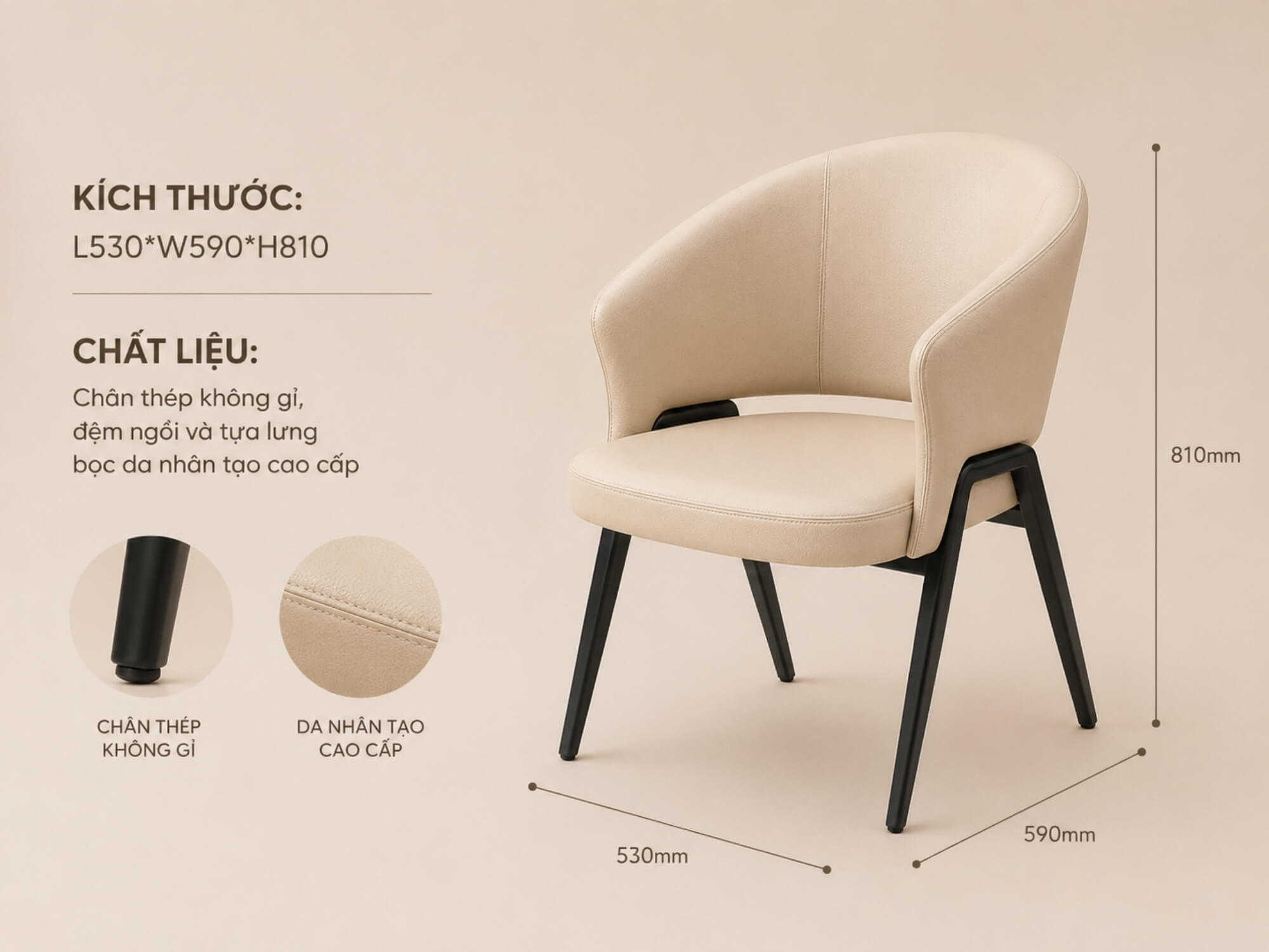 Hình ảnh minh họa chi tiết kích thước của ghế ăn Averra GASJ-851 màu kem, với các thông số chiều dài 530mm, chiều rộng 590…