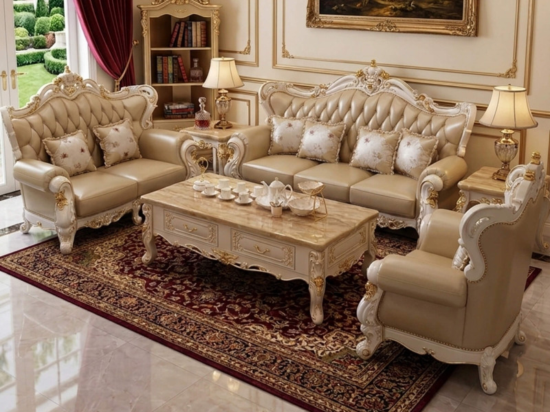 Toàn cảnh bộ sofa Vương Miện SB968-123 trong phòng khách tân cổ điển sang trọng. Bộ sofa da màu kem với họa tiết mạ vàng…