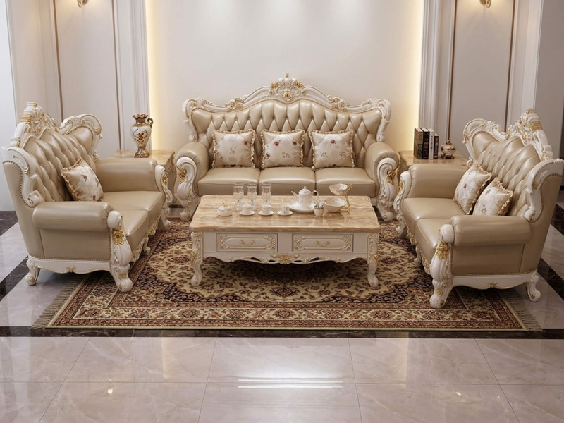 Toàn cảnh bộ sofa và bàn trà tân cổ điển trong một phòng khách rộng lớn, với ánh sáng ấm áp từ đèn trần và cửa sổ. Bàn trà…