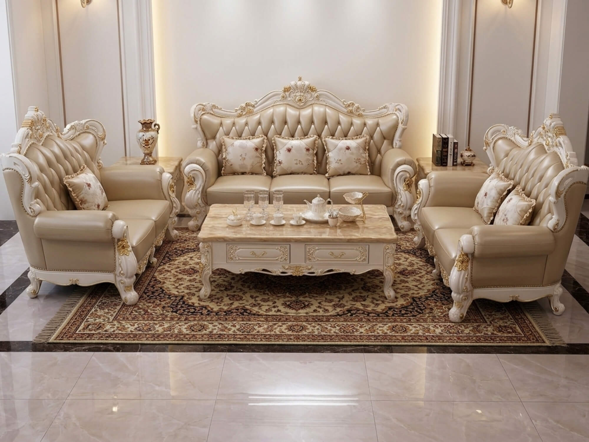Toàn cảnh bộ sofa và bàn trà tân cổ điển trong một phòng khách rộng lớn, với ánh sáng ấm áp từ đèn trần và cửa sổ. Bàn trà…