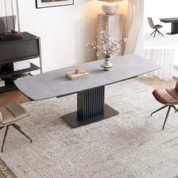 Bàn ăn thông minh mặt đá BA2184DT-3-B chụp chính diện, mặt đá kết hợp kính, chân nhôm sơn đen