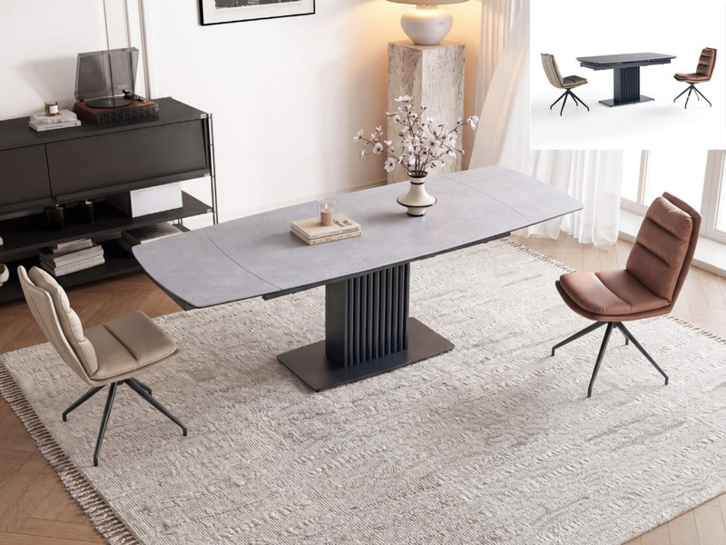 Bàn ăn thông minh mặt đá BA2184DT-3-B chụp chính diện, mặt đá kết hợp kính, chân nhôm sơn đen
