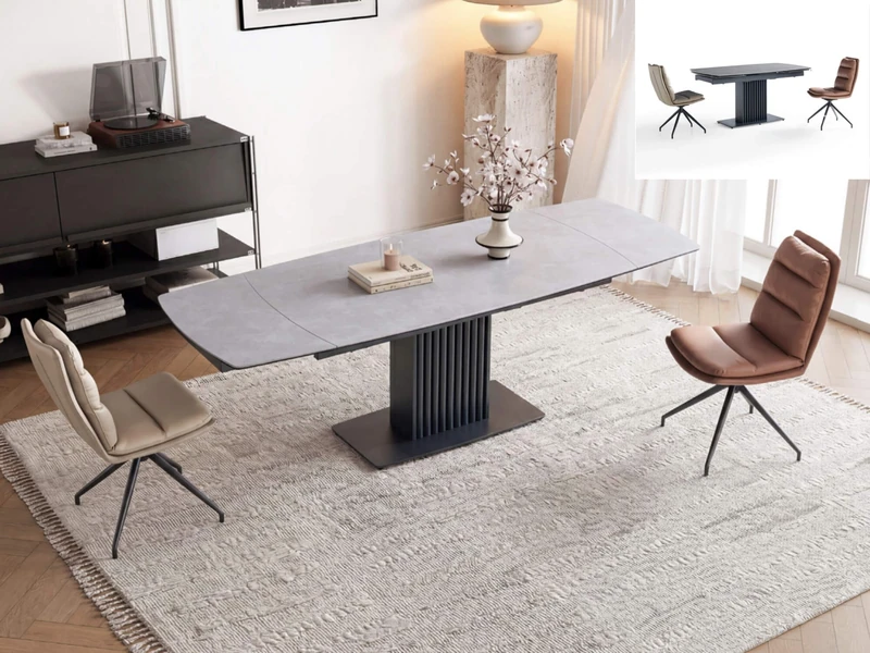 Bàn ăn thông minh mặt đá BA2184DT-3-B chụp chính diện, mặt đá kết hợp kính, chân nhôm sơn đen