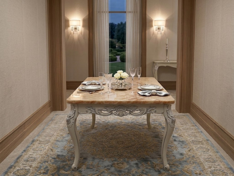 Bàn ăn tân cổ điển mặt đá hồng ngọc long, khung gỗ sồi OAK màu trắng ngà, chân và yếm bàn chạm khắc tinh xảo. Bàn được bày…