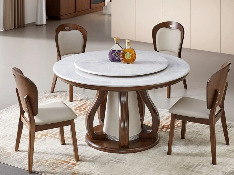Bộ bàn ăn tròn BA2607-130 phong cách hiện đại, gồm một bàn tròn mặt đá cẩm thạch nhân tạo màu trắng vân xám với mâm xoay t…