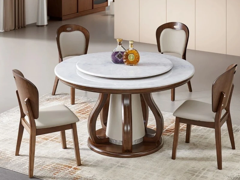 Bộ bàn ăn tròn BA2607-130 phong cách hiện đại, gồm một bàn tròn mặt đá cẩm thạch nhân tạo màu trắng vân xám với mâm xoay t…