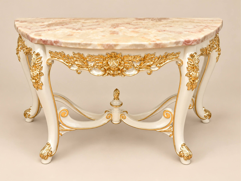 Bàn console ÉTOILE D'Or KC02-130 chụp chính diện, cận cảnh hơn, tập trung vào mặt đá hình bán nguyệt màu hồng ngọc long và…