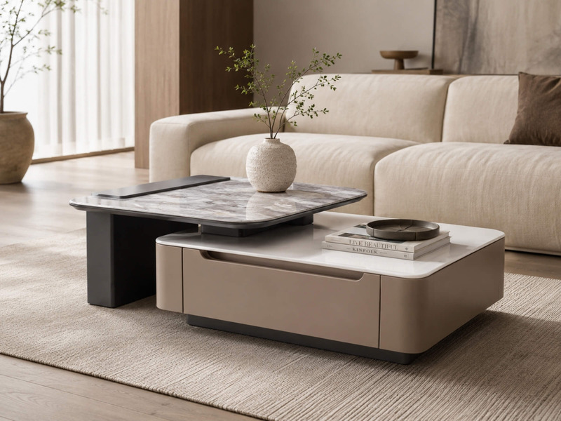 Toàn cảnh bàn trà MONVERA BTK6100 trong không gian phòng khách ấm cúng với sofa màu kem và thảm trải sàn. Bàn có thiết kế…