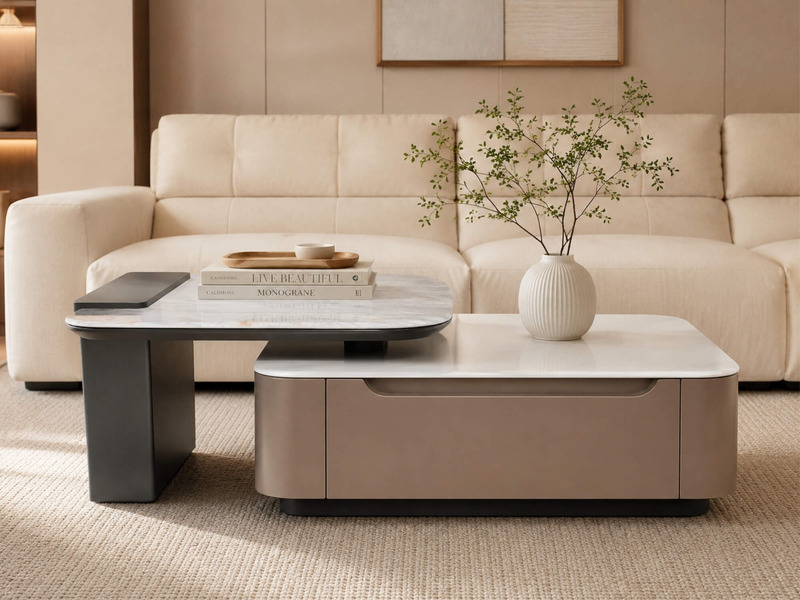 Bàn trà MONVERA BTK6100 được bài trí trong phòng khách hiện đại với sofa màu kem nhạt. Bàn có mặt đá vi tinh thể vân xám…